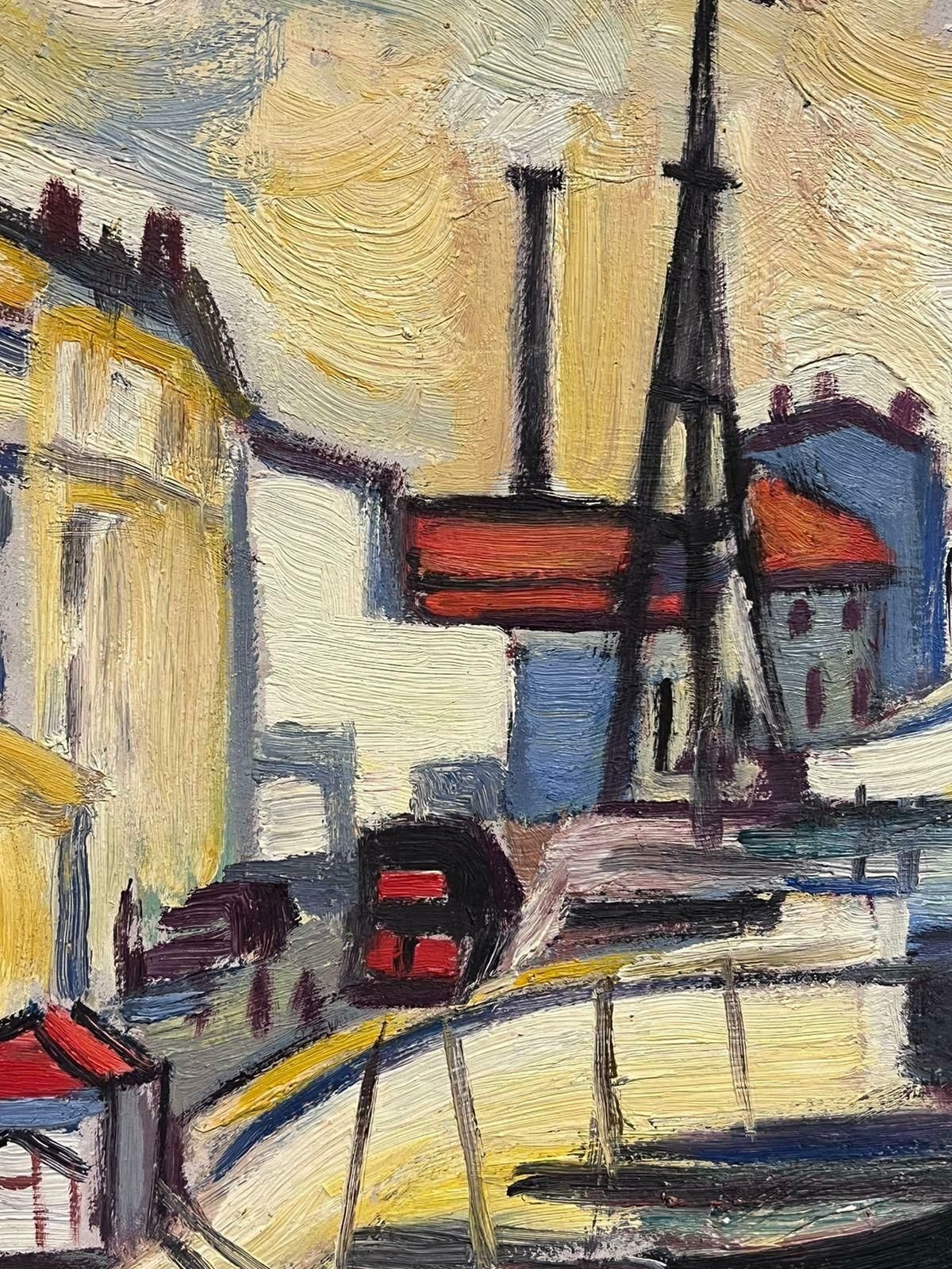 Marguerite Lacrouxmid 20th Century French Signed Oil Boats In Town Harbor Modernist Style photo Art