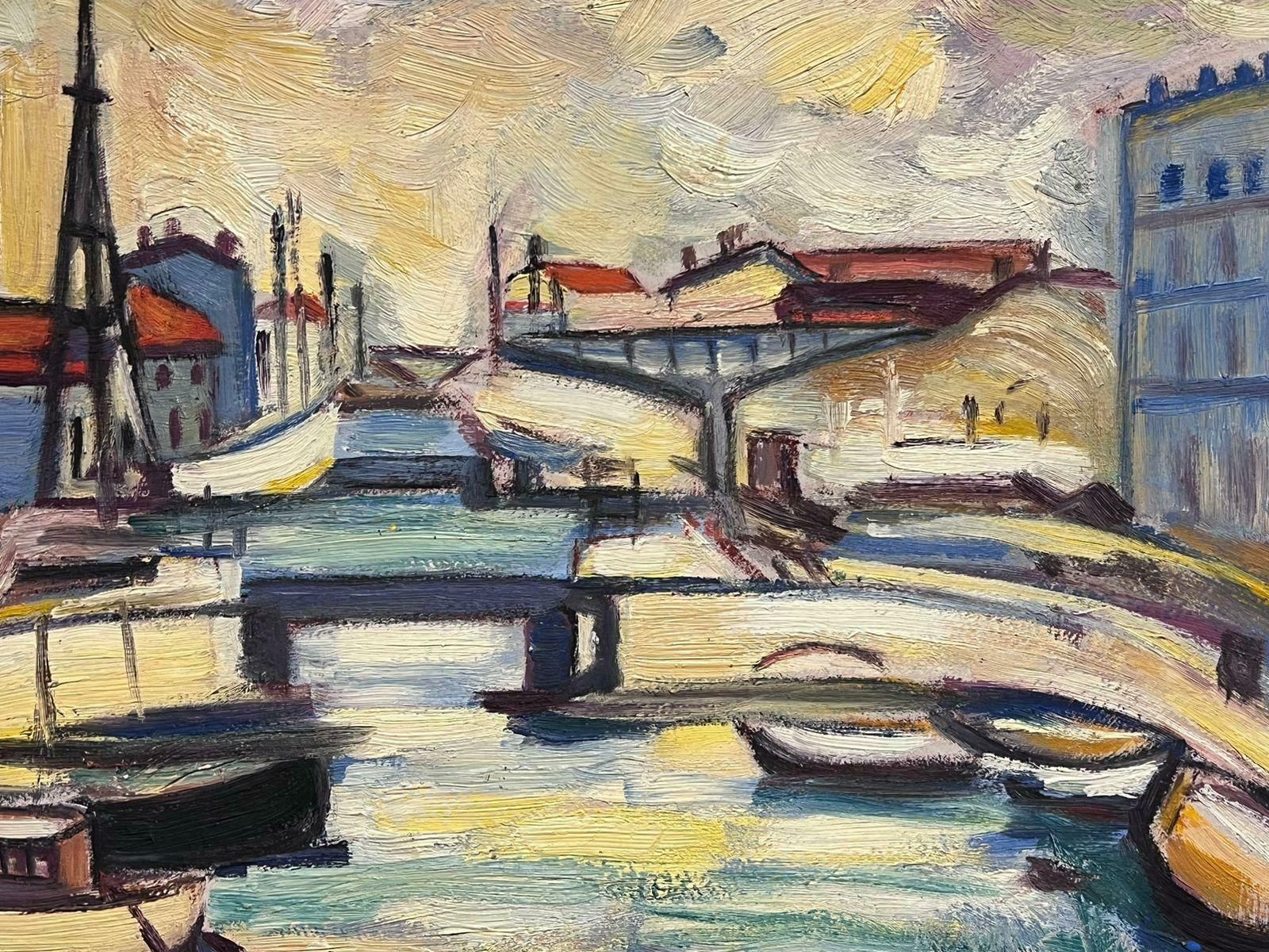 Marguerite Lacrouxmid 20th Century French Signed Oil Boats In Town Harbor Modernist Style photo 1539.0