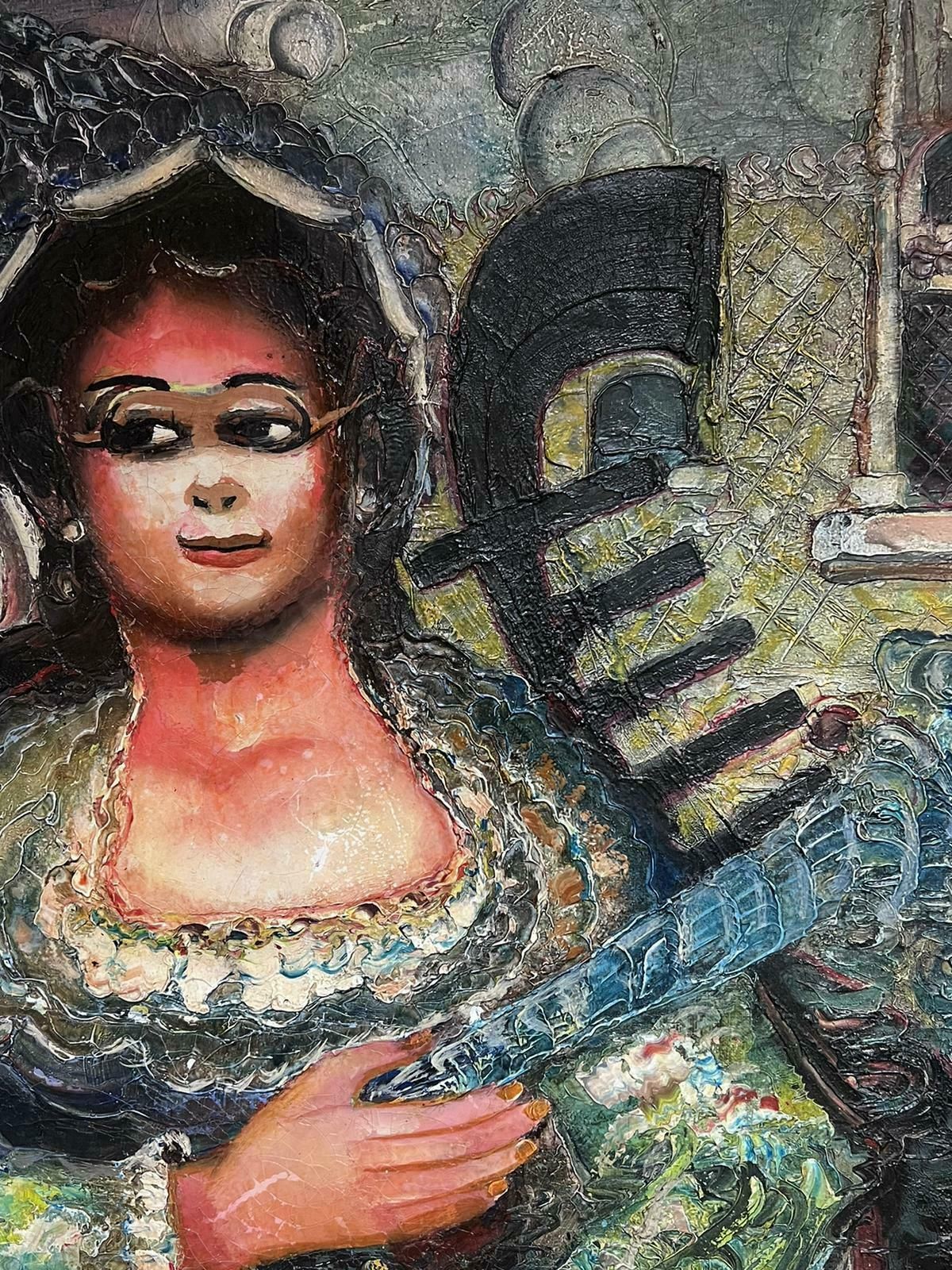 French Schoolmid 20th Century Expressionist Portrait Lady In Gondola Venice Signed Painting photo vintage