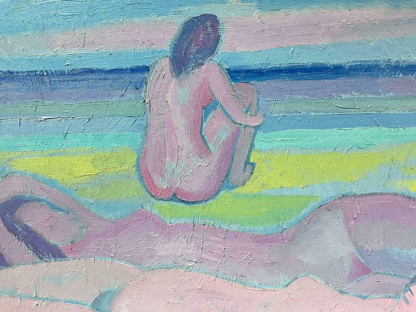 French Modernistsigned 20th Century French Modernist Oil Painting Naked Woman On Beach