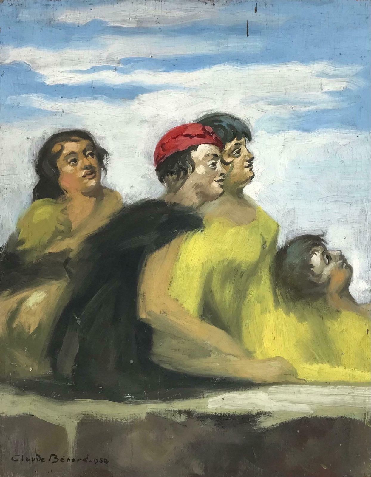Claude Benard1950's French Modernist Signed Oil Ladies Dressed In Yellow Gazing Upwards
