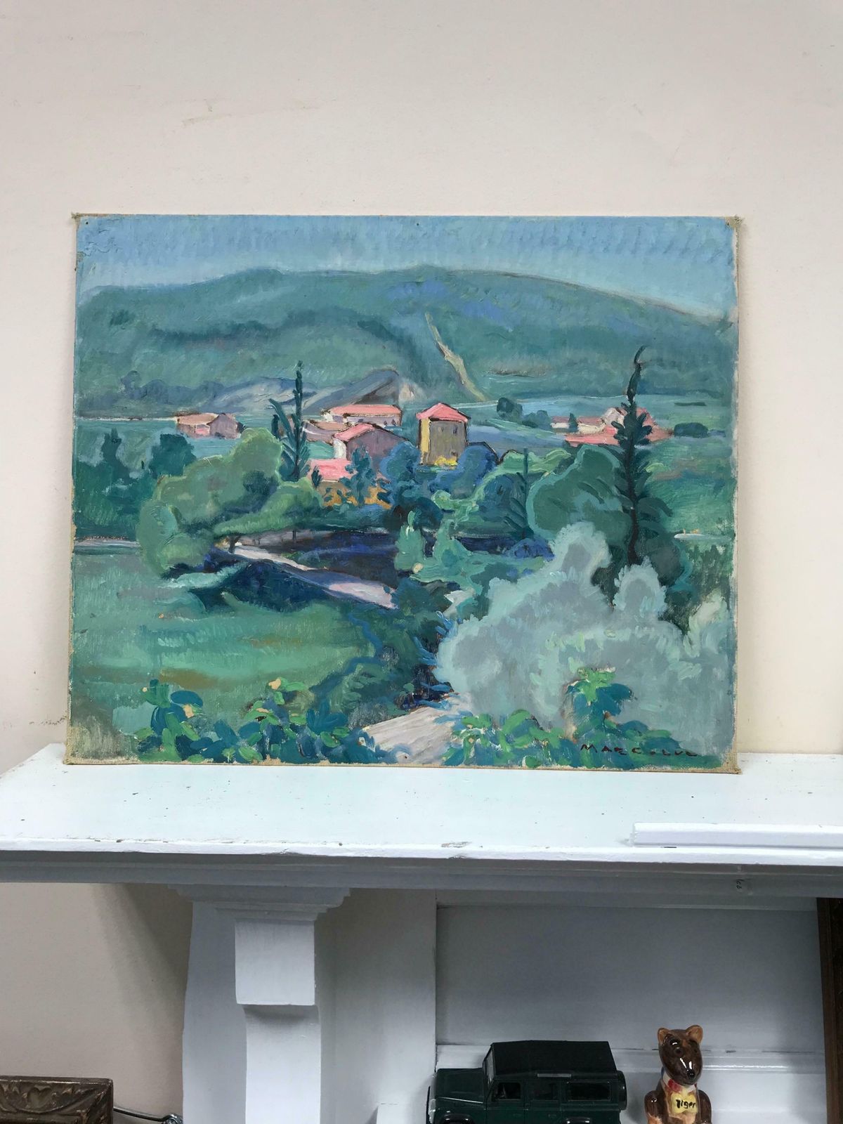 French School1930s French Fauvist Oil Painting   Far Reaching Provencal Landscape Pink Houses photo furniture