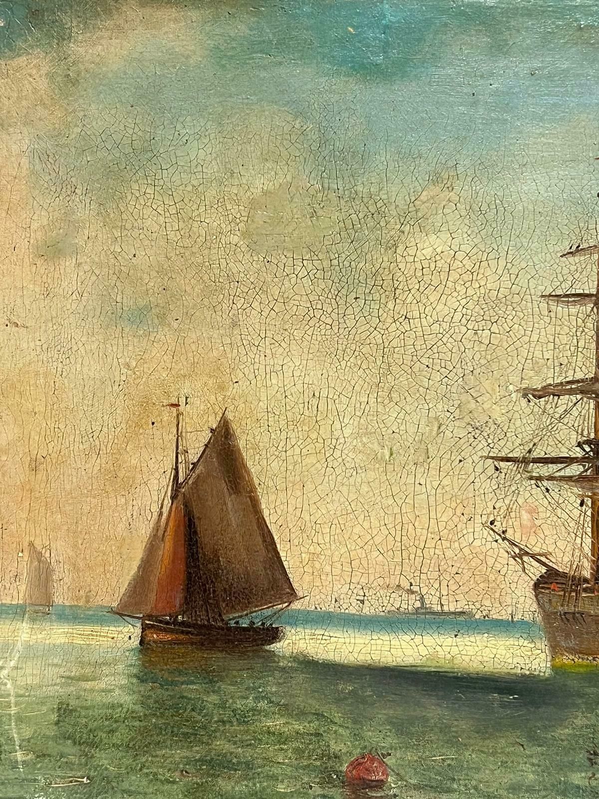 Unknownantique English Oil Painting Classic Tall Ships Marine Harbour Scene Sunrise photo for sale