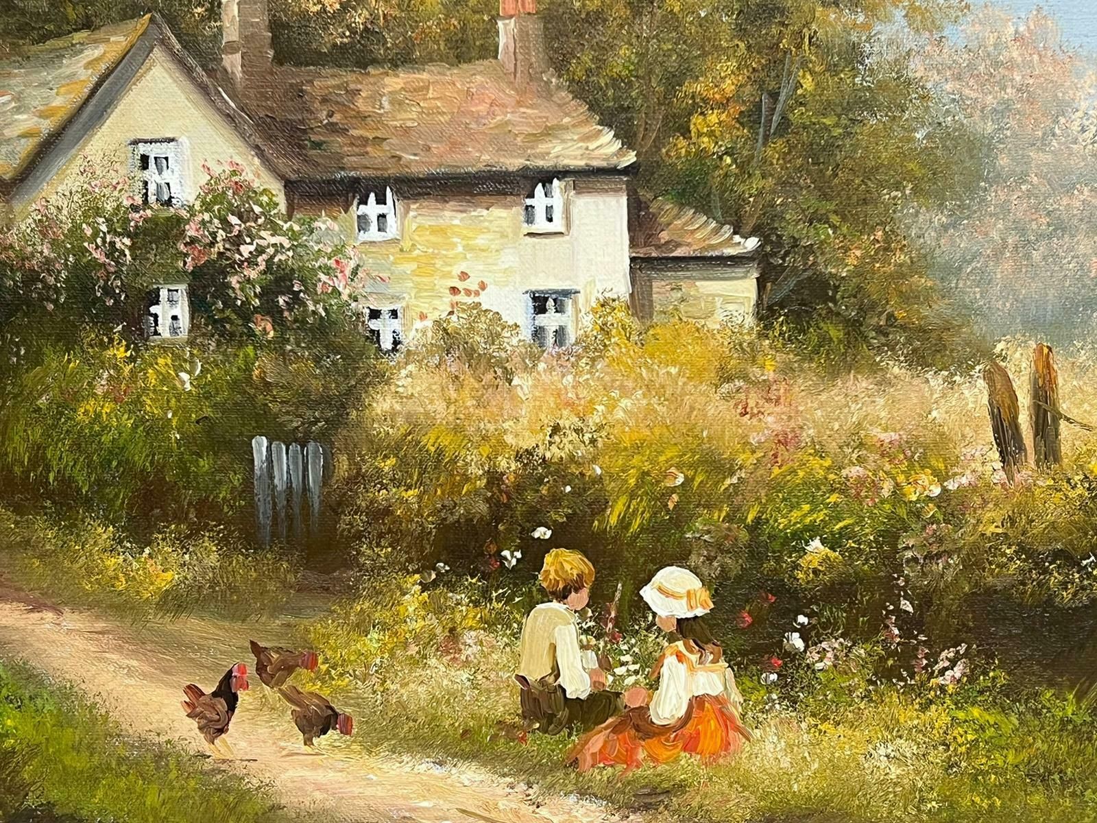 Les Parsonstraditional English Oil Country Cottage Children Playing In Lane & Chickens photo vinterior