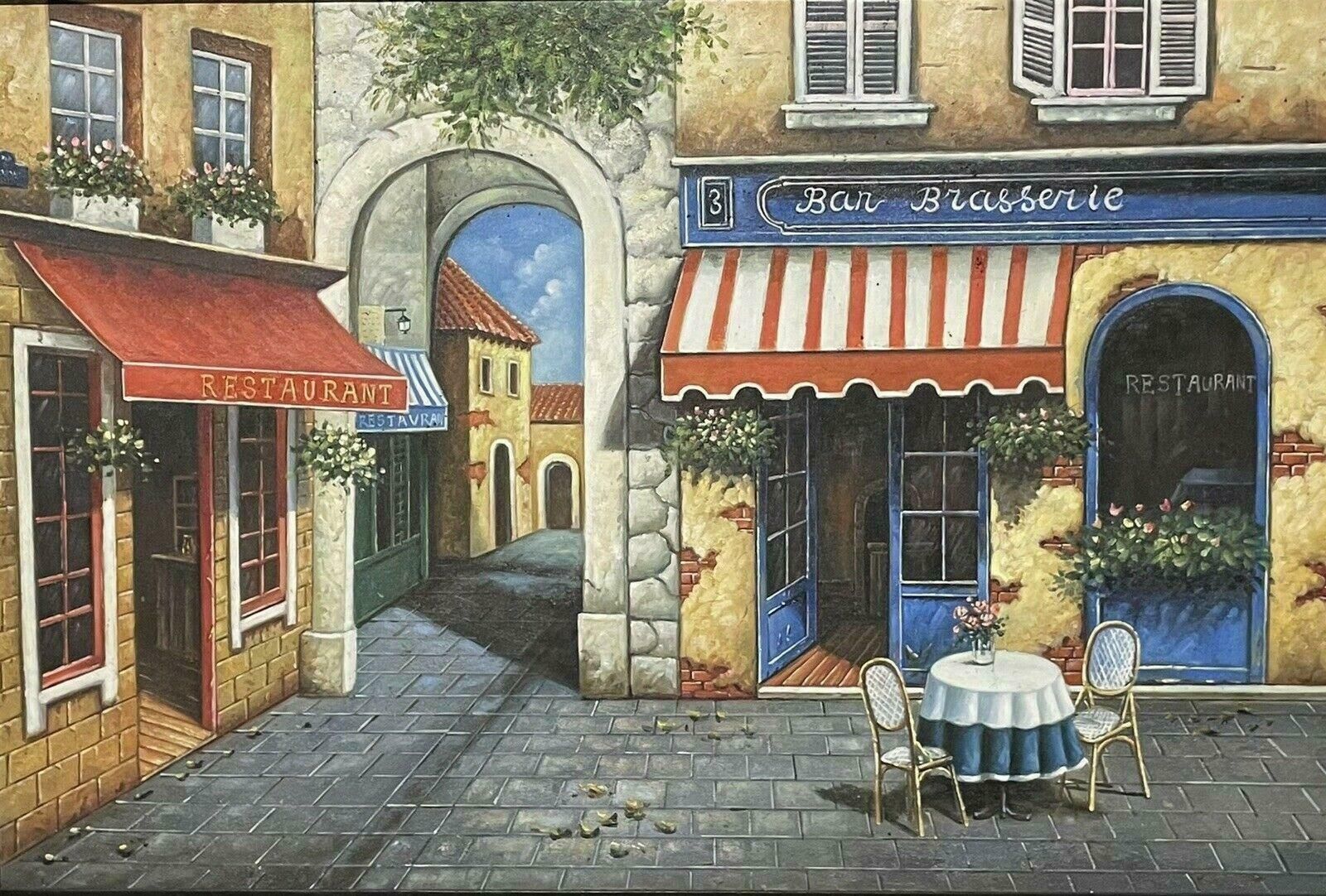 French 20th Centurythe Old French Cafe In Village Huge French Oil Painting On Canvas, Framed