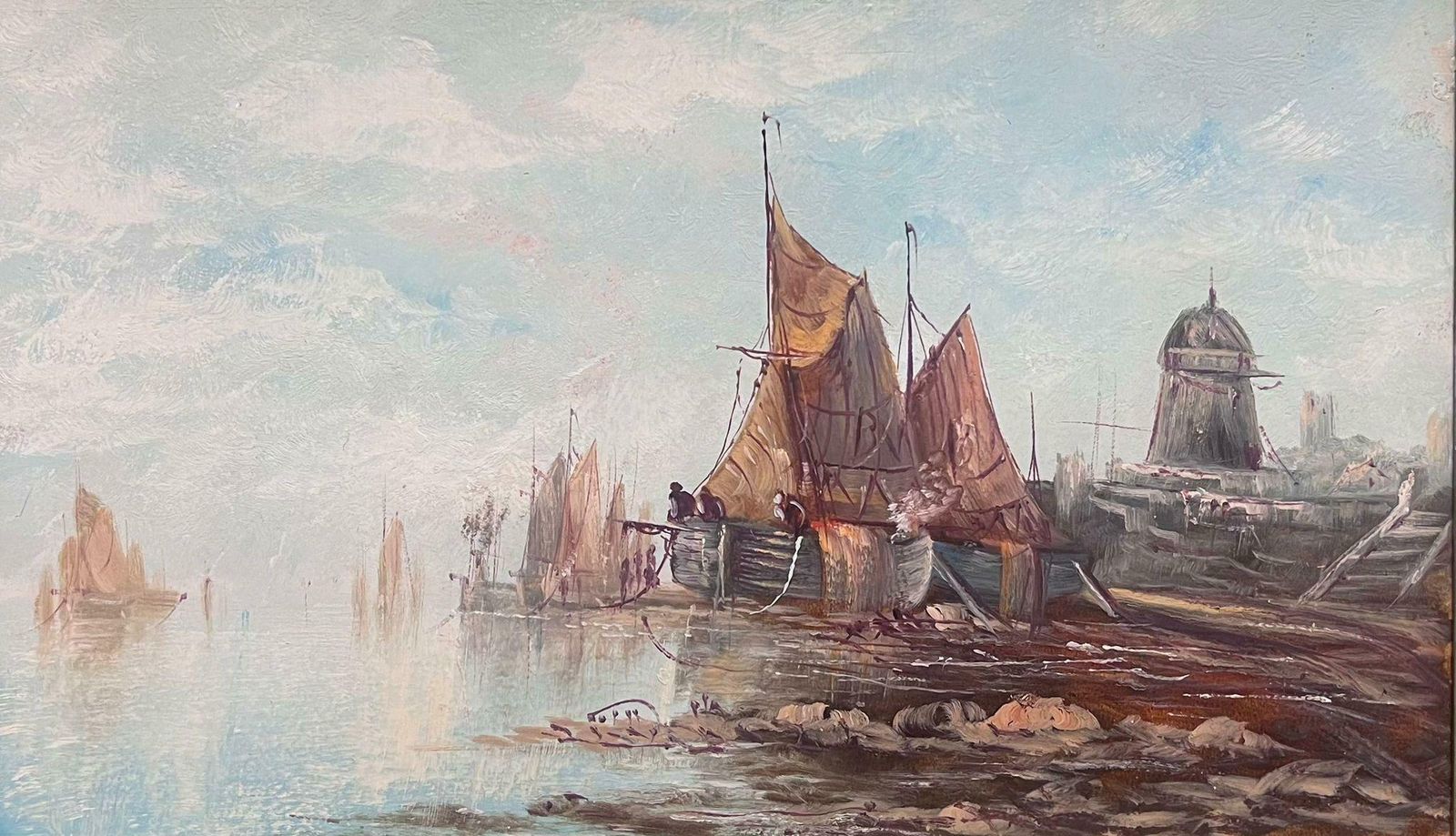 Unknownantique British Marine Oil Painting Fishing Boats In Old Harbour Gilt Framed photo furniture
