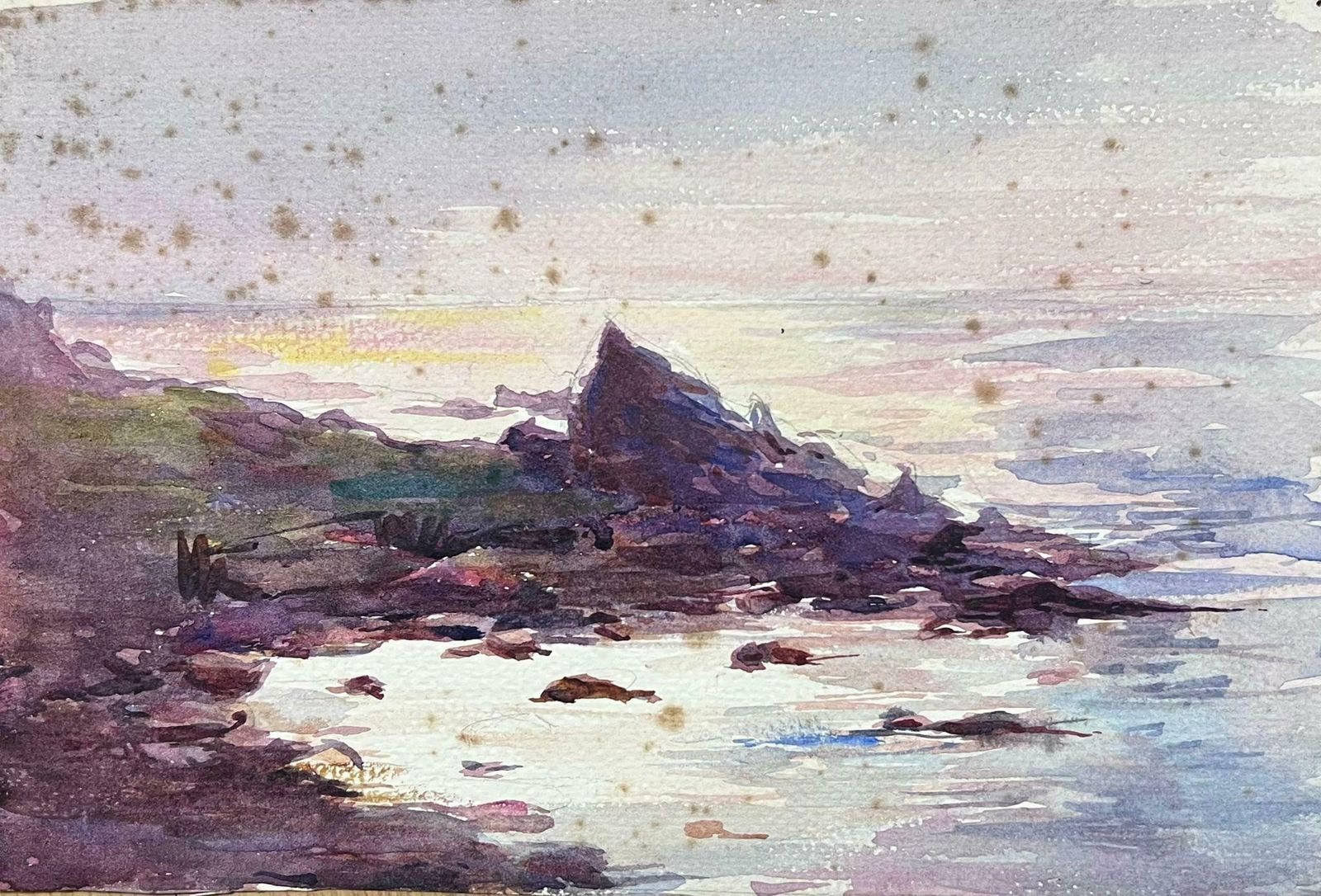 Louise Alix1930's French Impressionist Watercolour Purple Rocks Beach Coast Landscape1940's