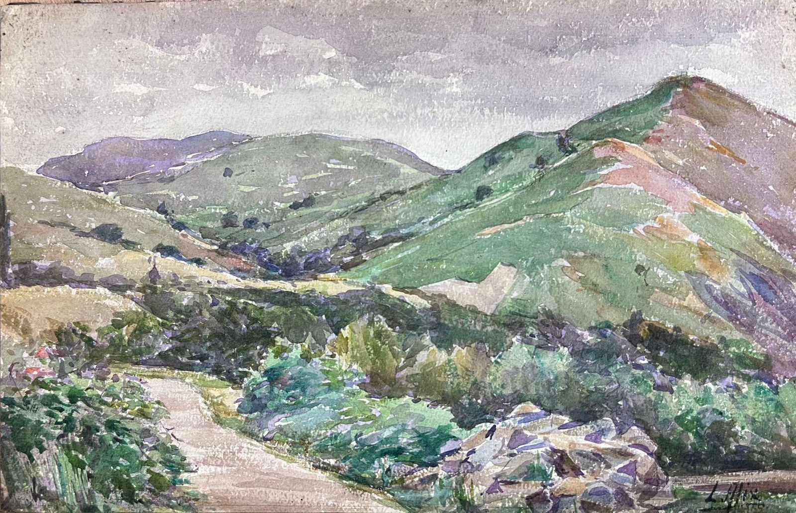 Louise Alix1930's French Impressionist Watercolour Green Mountain Path Landscape1940's