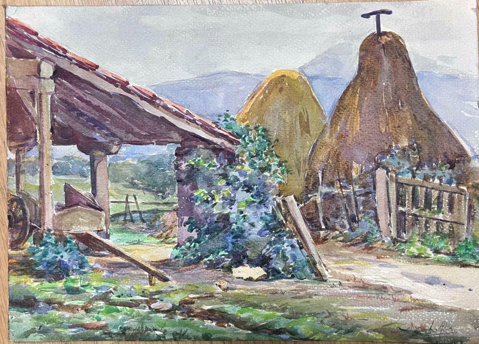 Louise Alix1930's French Impressionist Watercolour Back Yard Of The Farm Landscape1940's photo furniture