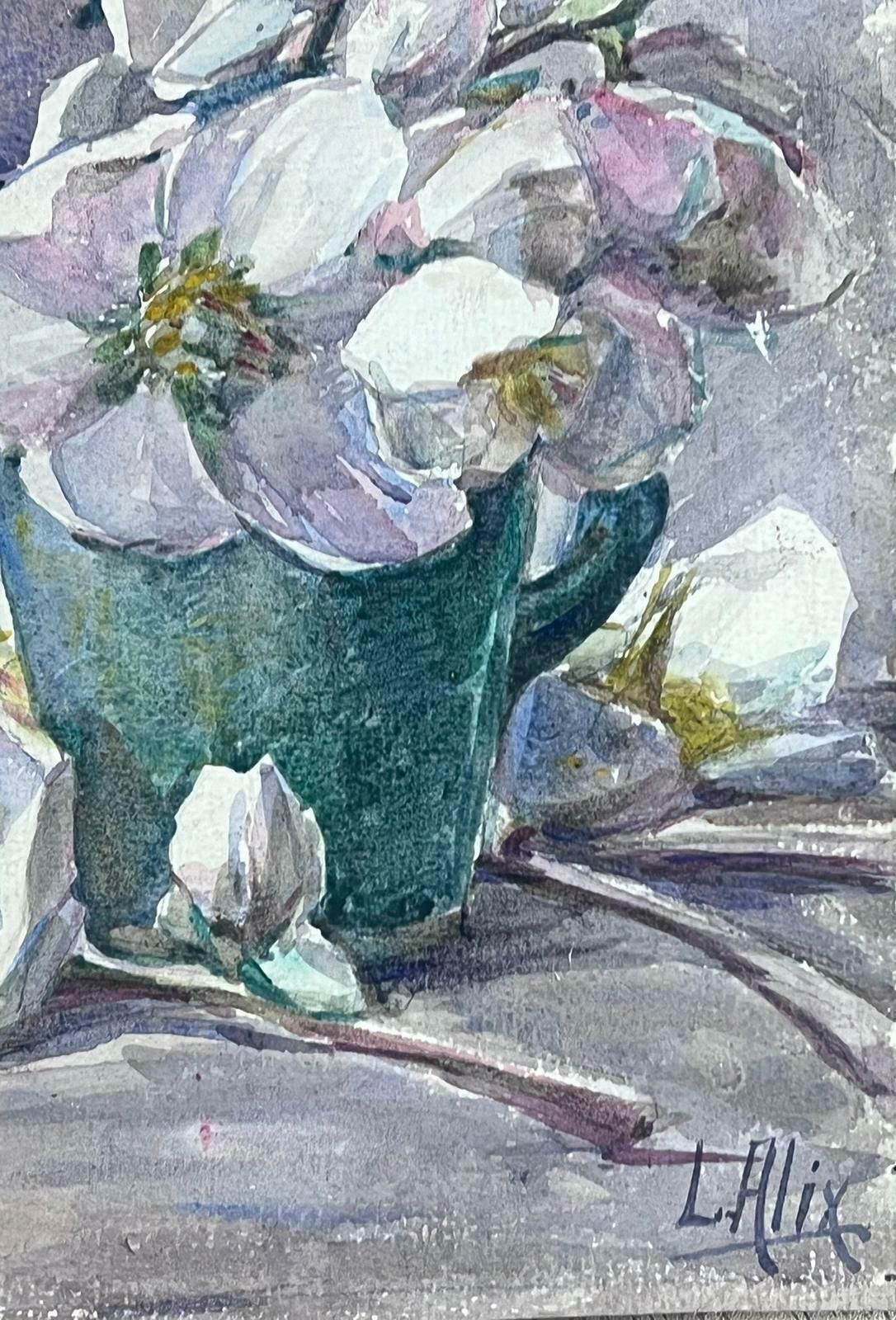 Louise Alix1930's French Impressionist White Flowers In Vase Grey Still Life1930's photo furniture