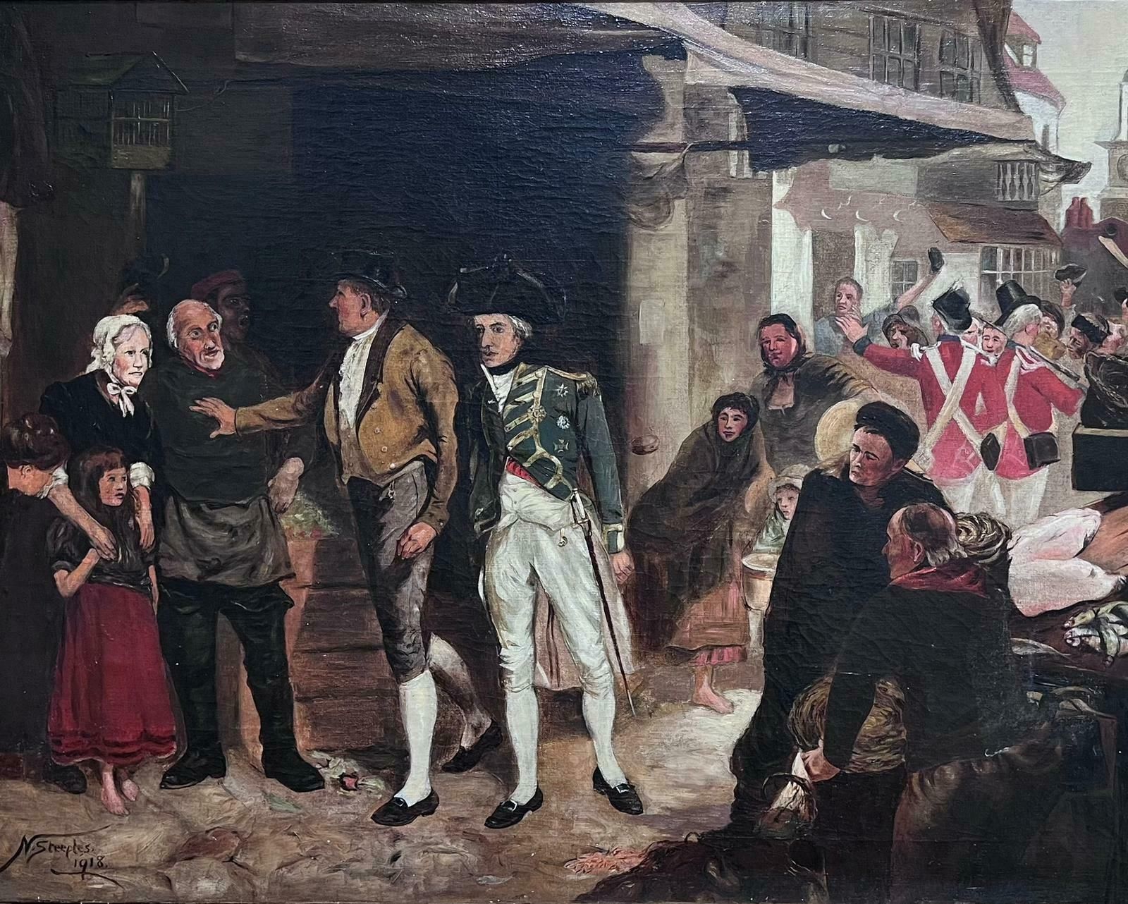 English Antique Oil Admiral Lord Nelson In Village High Street With Crowds Signed Antique Oil photo furniture