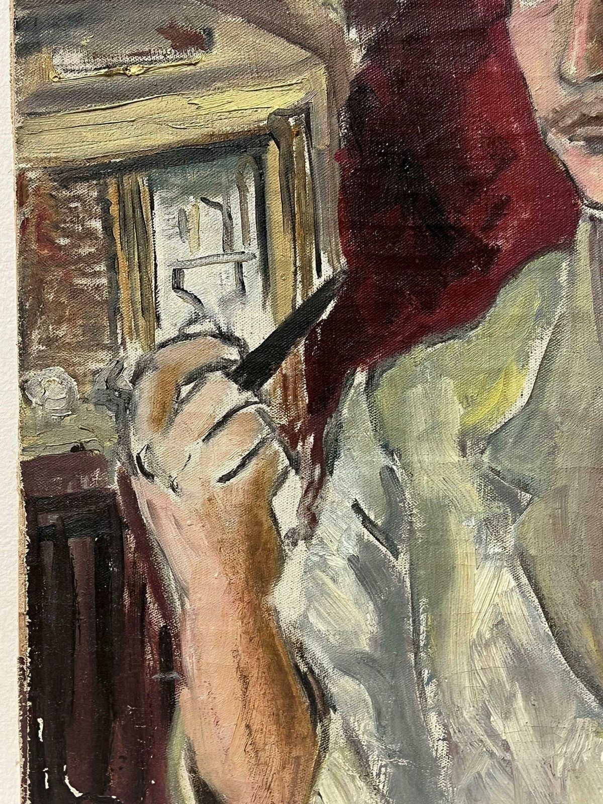 Josine Vignon1950s French Post Impressionist Oil Painting Portrait Of Dapper Man Smoking Pipe1960's photo Art