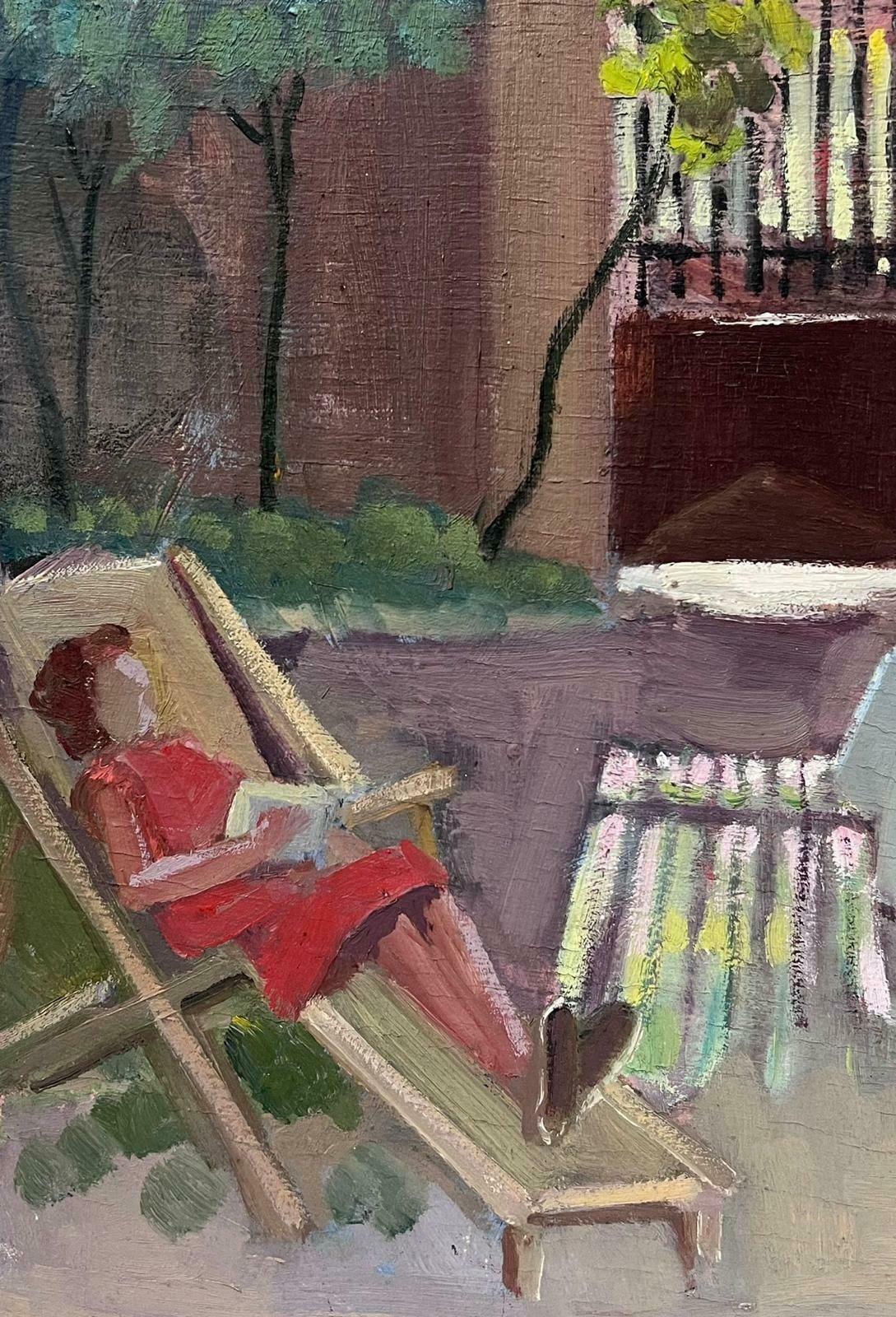 Y. Blanchon1930's French Impressionist Lady In Red Dress Lounging In The Garden Shade1930's photo Art