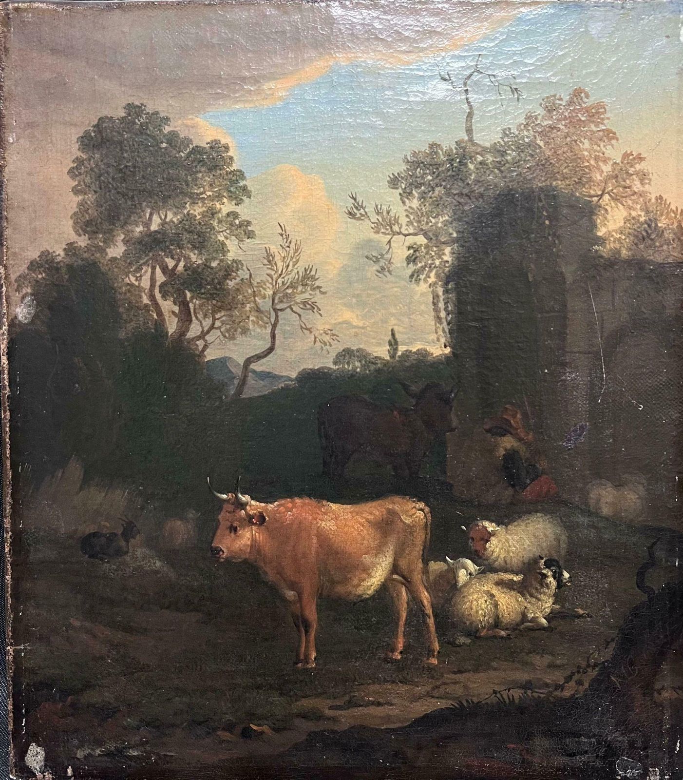 18th Dutch Old Masterfine 18th Century Dutch Old Master Oil Painting Cattle & Sheep Ancient Ruins photo furniture