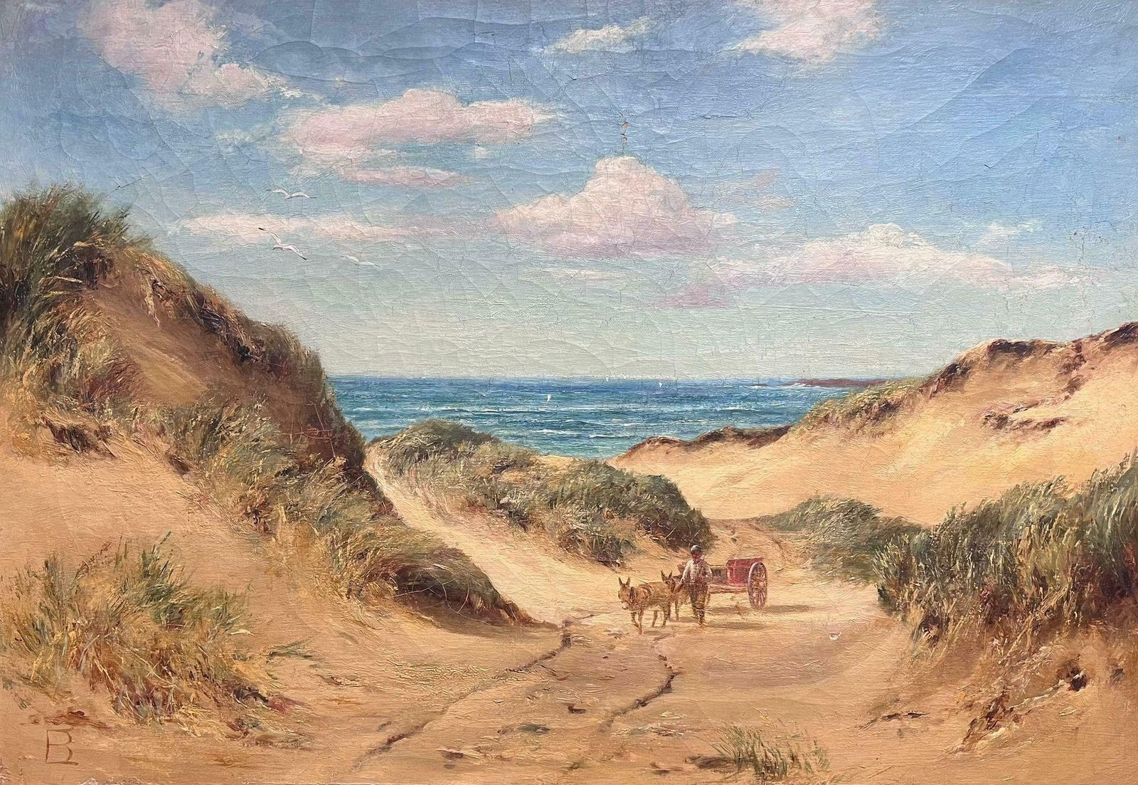 British Victorianlarge British 19th Century Oil Painting Donkey Cart On Sandy Beach Blue Skies19th Century photo furniture