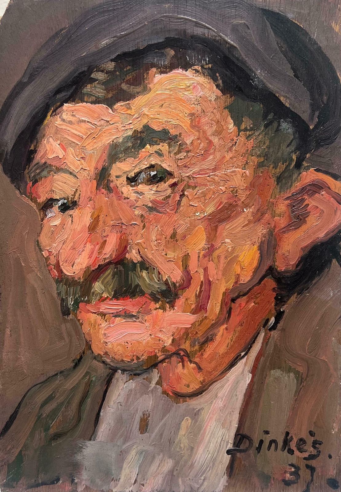 Suzanne Dinkesmid Century French Impressionist Signed Oil Portrait Of Man With Moustache1950's photo furniture