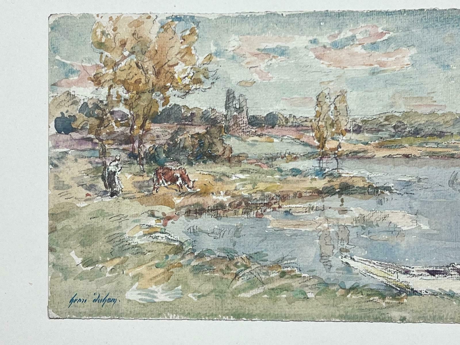 Henri Aime Duhemfine Antique French Impressionist Painting Landscape With River Cow & Figure photo Art