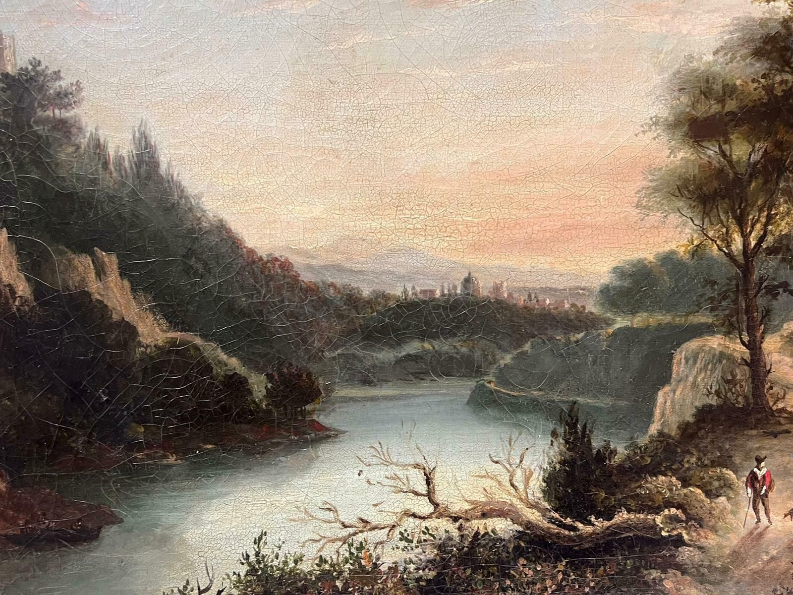Scottish 19th Centuryantique 19th Century Scottish Oil Painting Castle On Hill Overlooking River photo Art