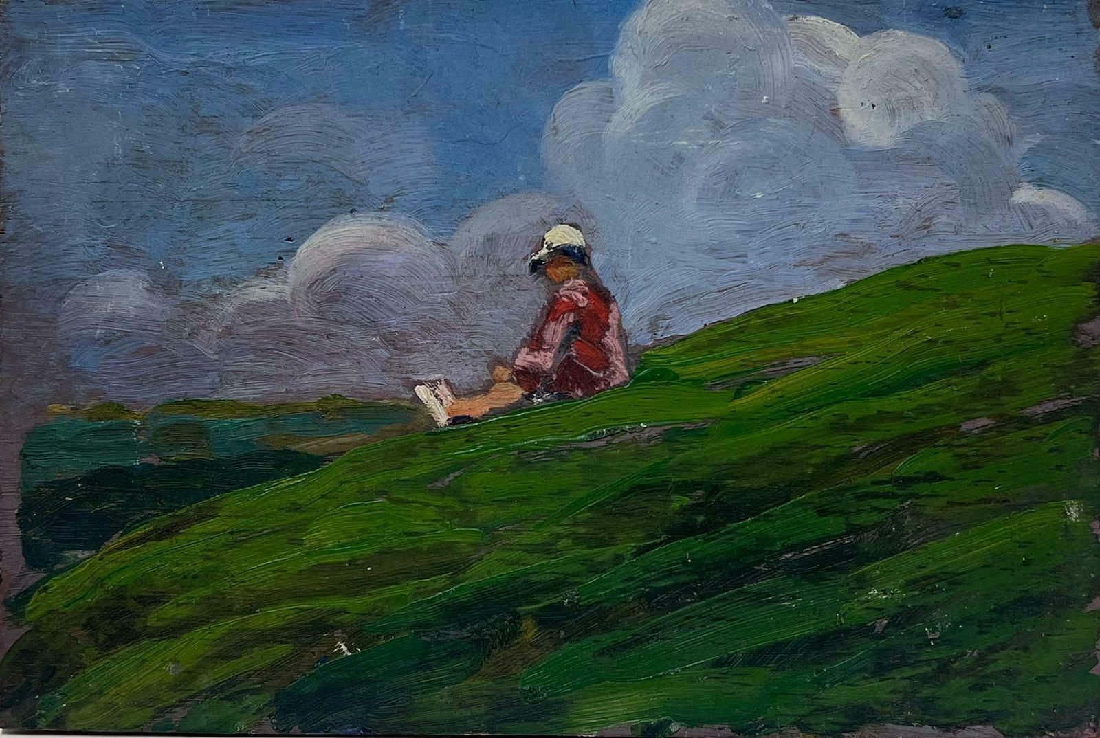 Louise Alixmid 20th Century Oil Figure Sat On Green Hill Admiring The Blue Cloudy Sky1940's