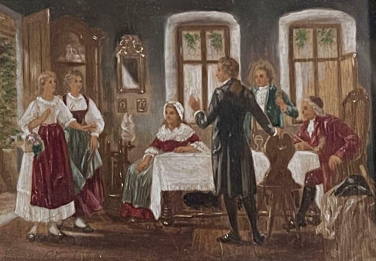 Victorian Schoolvictorian Interior With Several Figures Antique English Oil Painting