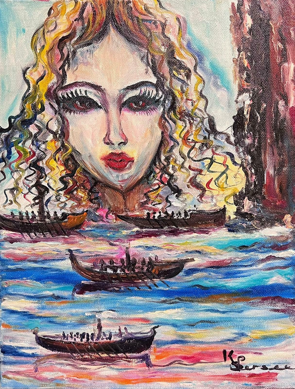 French Schoolcontemporary French Modernist Signed Oil Head Portrait Of Lady Over Gondolas
