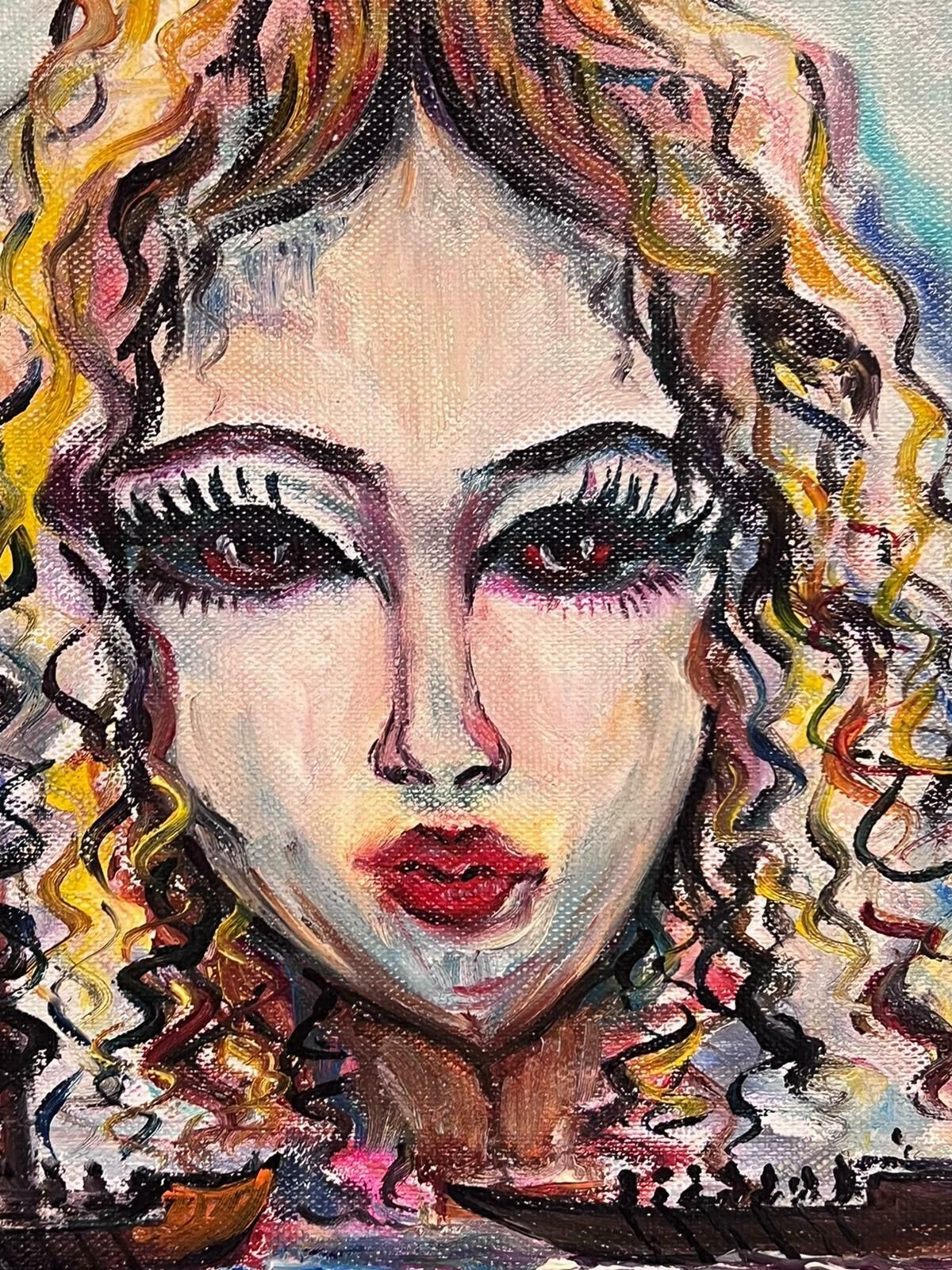 French Schoolcontemporary French Modernist Signed Oil Head Portrait Of Lady Over Gondolas photo 923.0