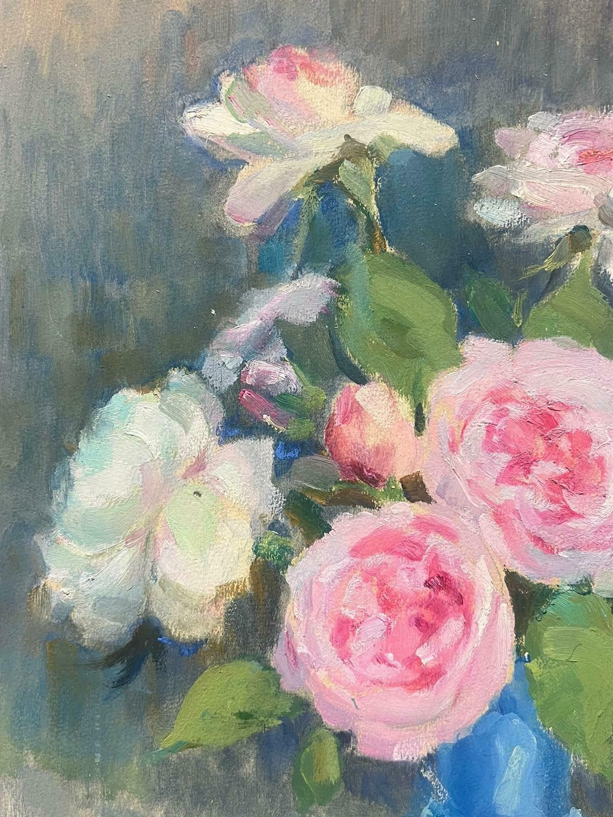 Louise Alixmid Century Stunning French Still Life Pink Roses In Blue Vase1940's photo for sale