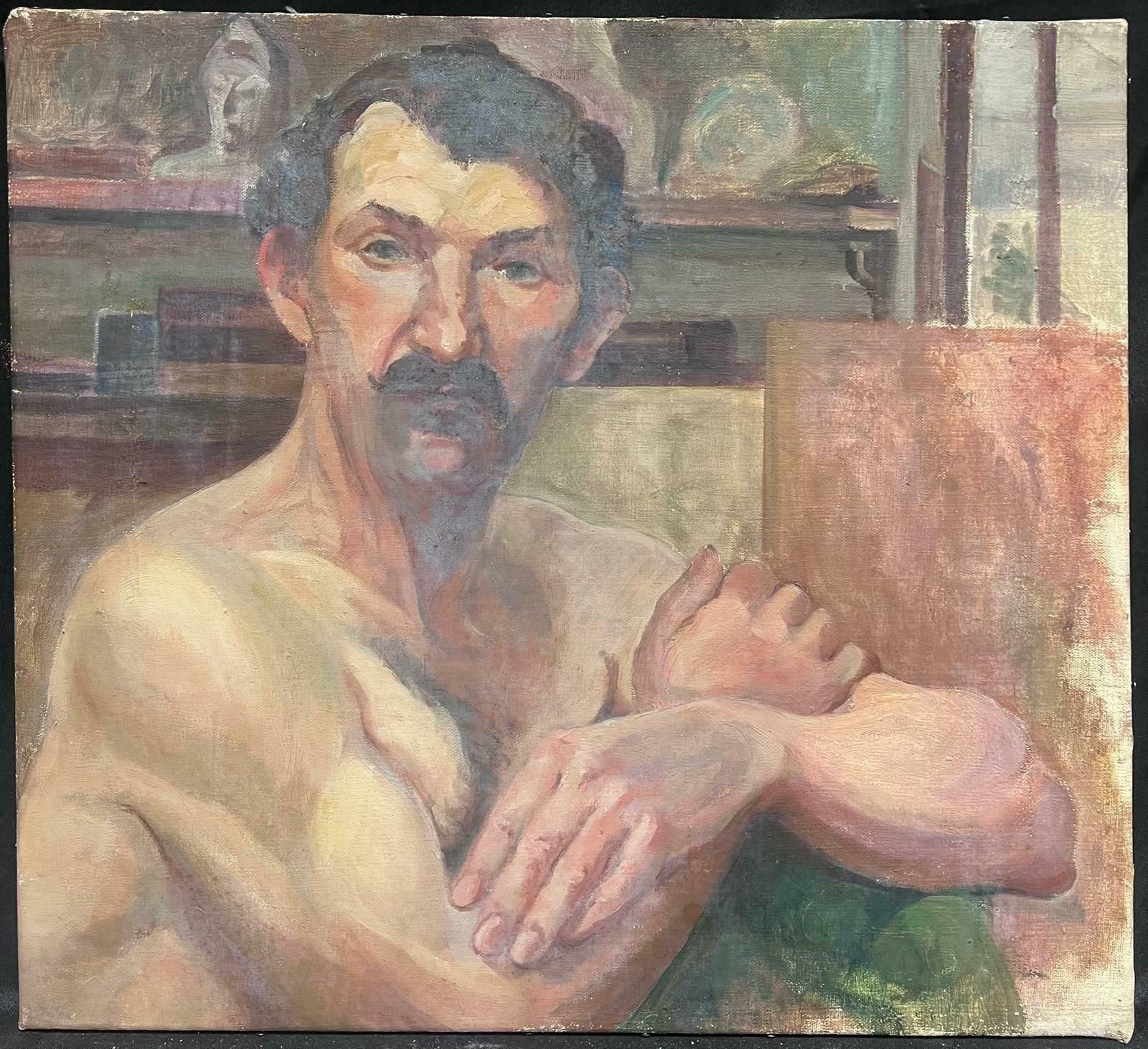 Louise Alixmid 20th Century French Nude Man Folding His Arms Posing For Portrait, Oil Paint1940's photo furniture