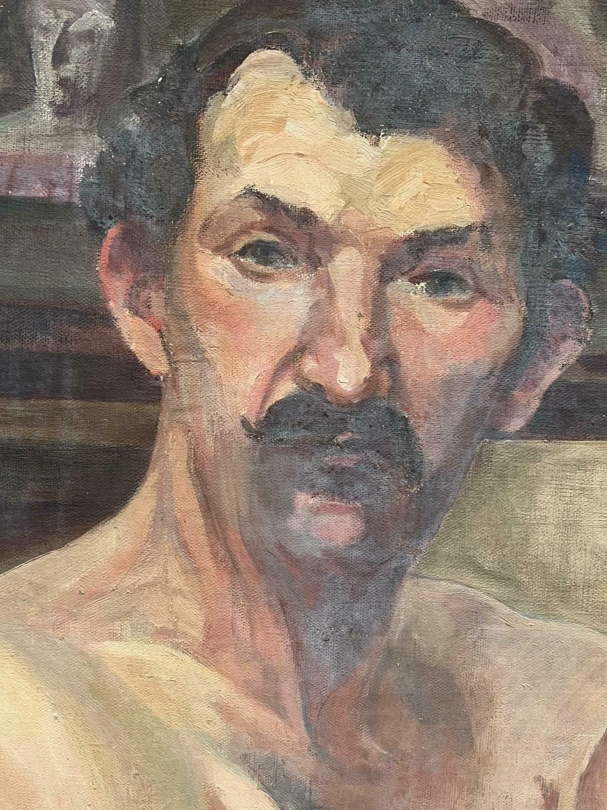 Louise Alixmid 20th Century French Nude Man Folding His Arms Posing For Portrait, Oil Paint1940's photo vinterior