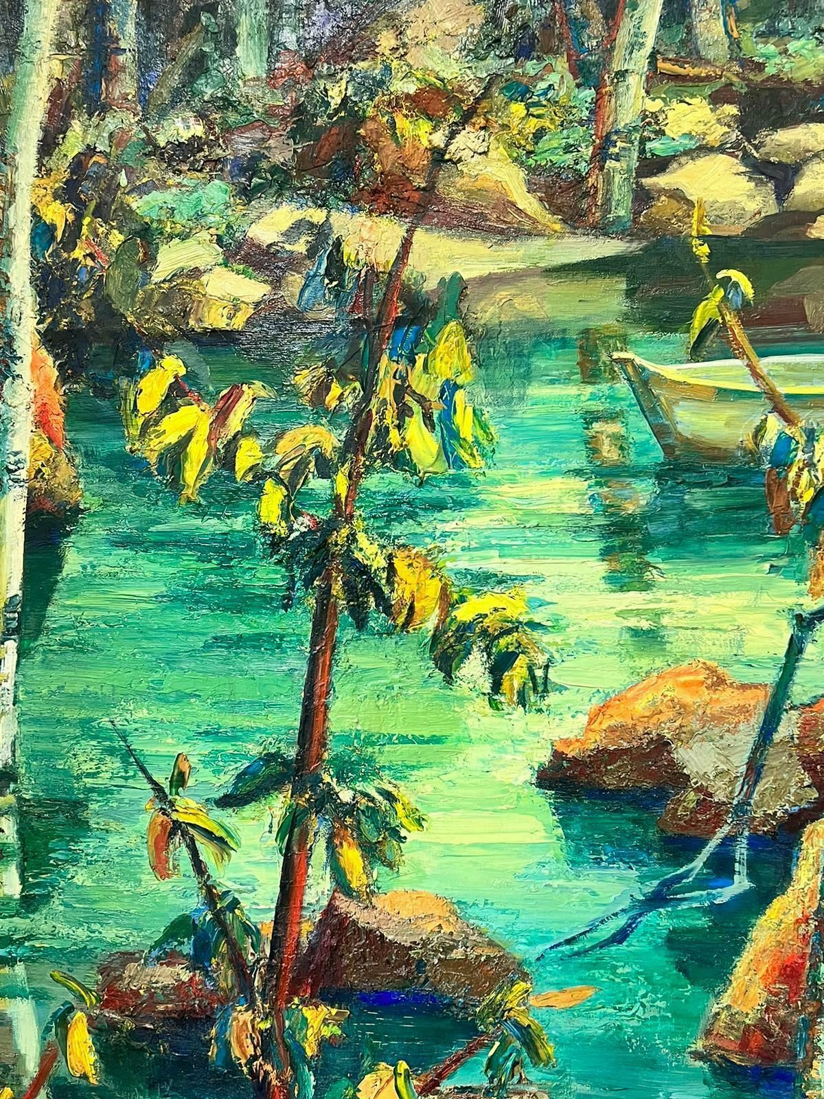 Josine Vignonsigned French Post Impressionist Oil Mid Century Jungle Pond With Boat1960's photo buy
