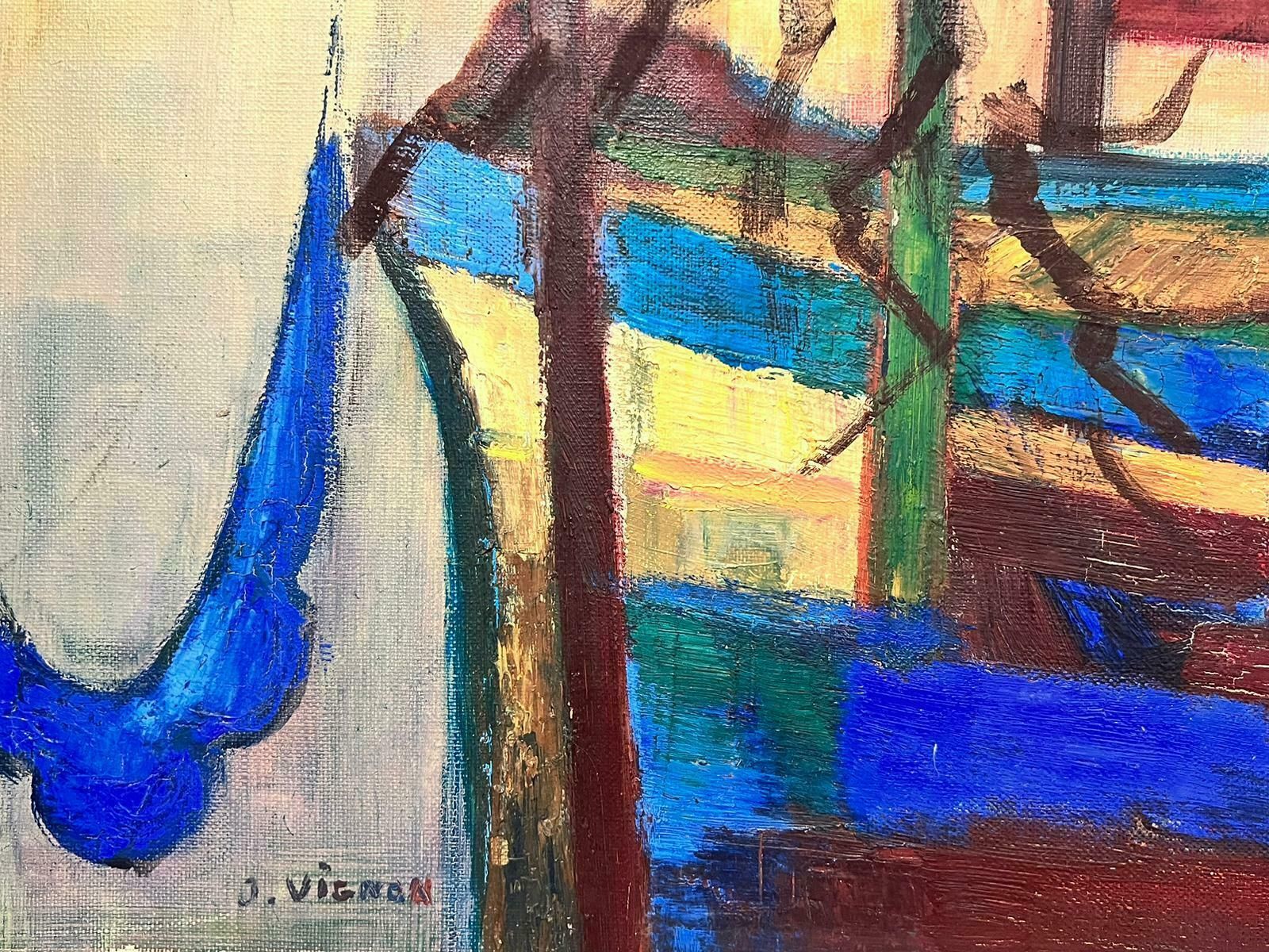Josine Vignonsunset Over Blue Boats In Harbor Very Large 1970’s French Signed Oil On Canvas1970’s photo vintage