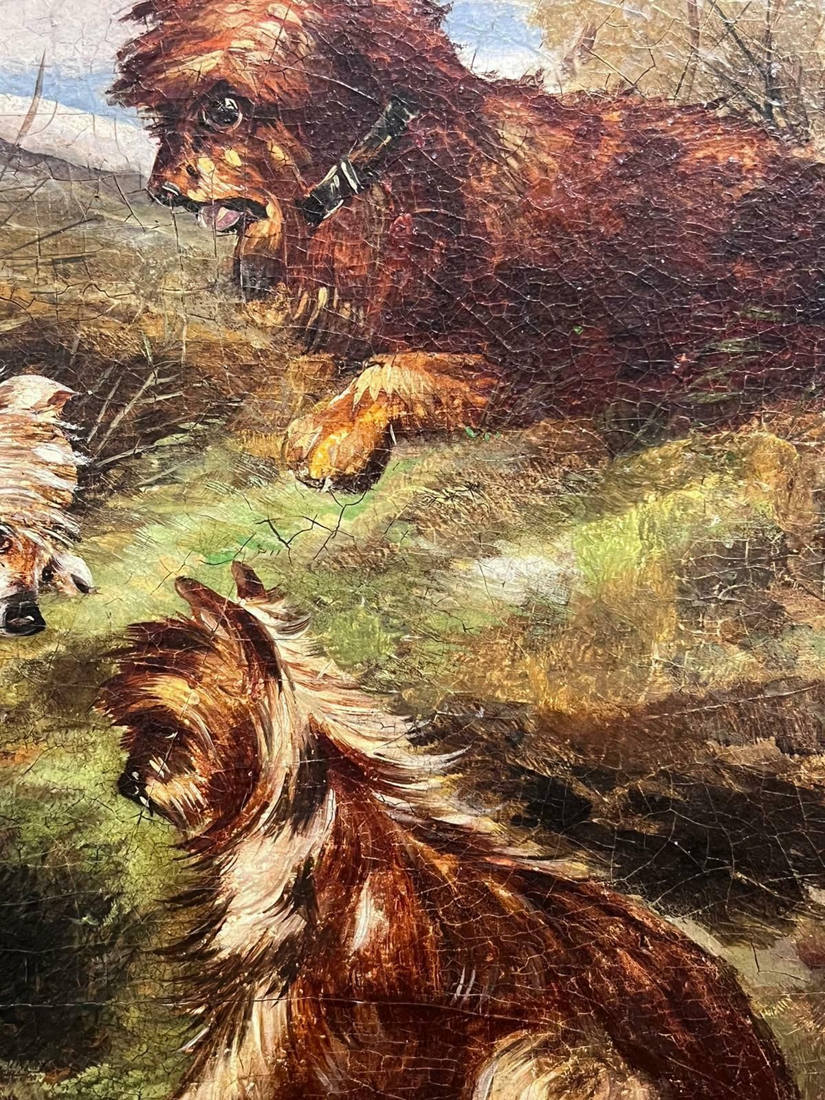 Fine Victorian English Oil Painting Three Terrier Dogs By Rabbit Hole Landscape photo 1026.0