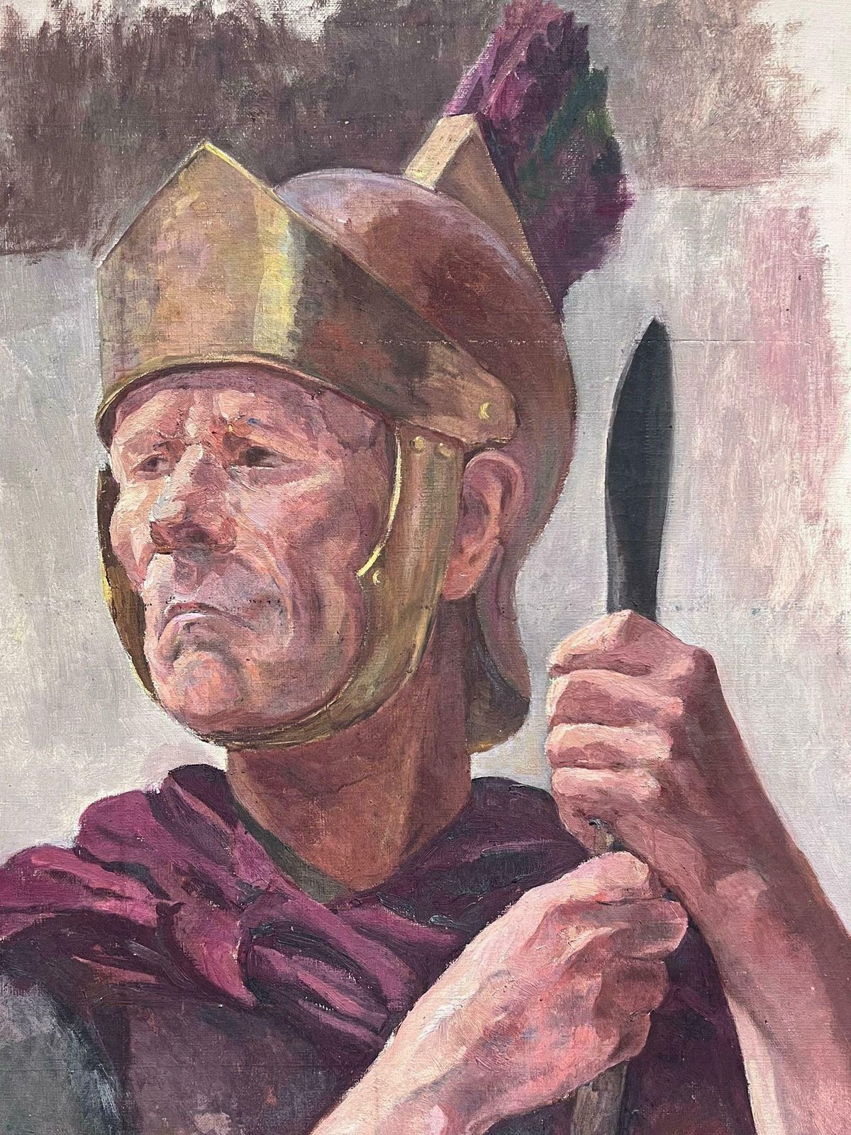 French Mid Century Portrait Of A Roman Soldier In Head Gear And With Spear 1950's French Oil Paint1950's photo 975.0