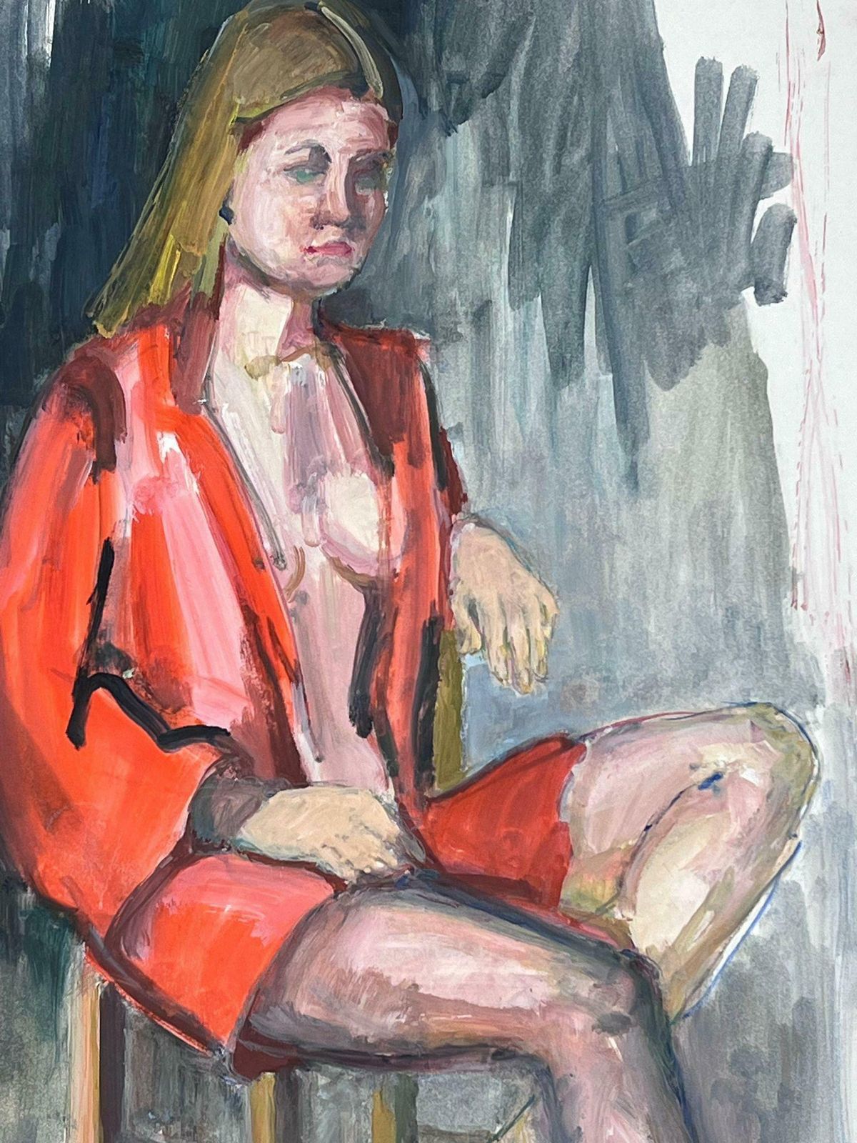 French Modernistlady In Red Open Jacket Model 1970's French Modernist Painting Provence1970's photo 410.0