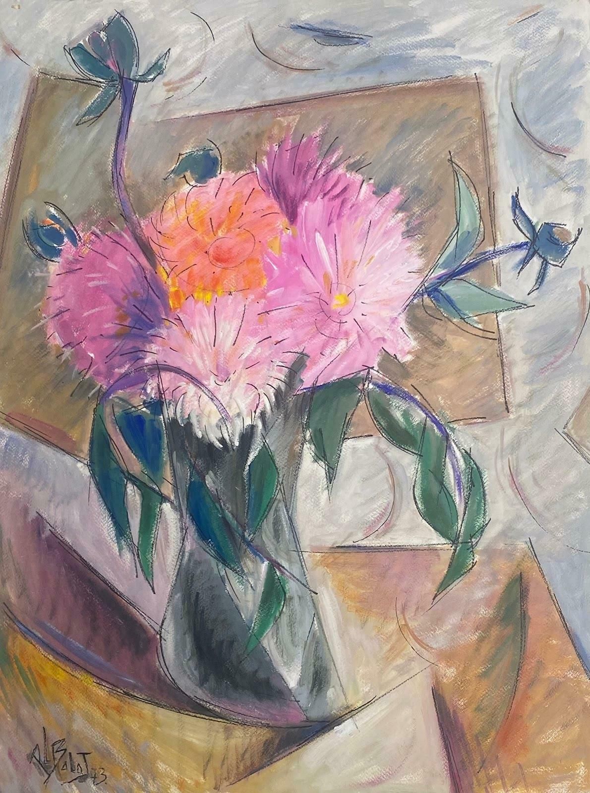 Paul Louis Bolot (French 1918 2003)french Modernist Gouache Painting Flowers In A Vase Pink And Orange Geraniums20th Century (1973)