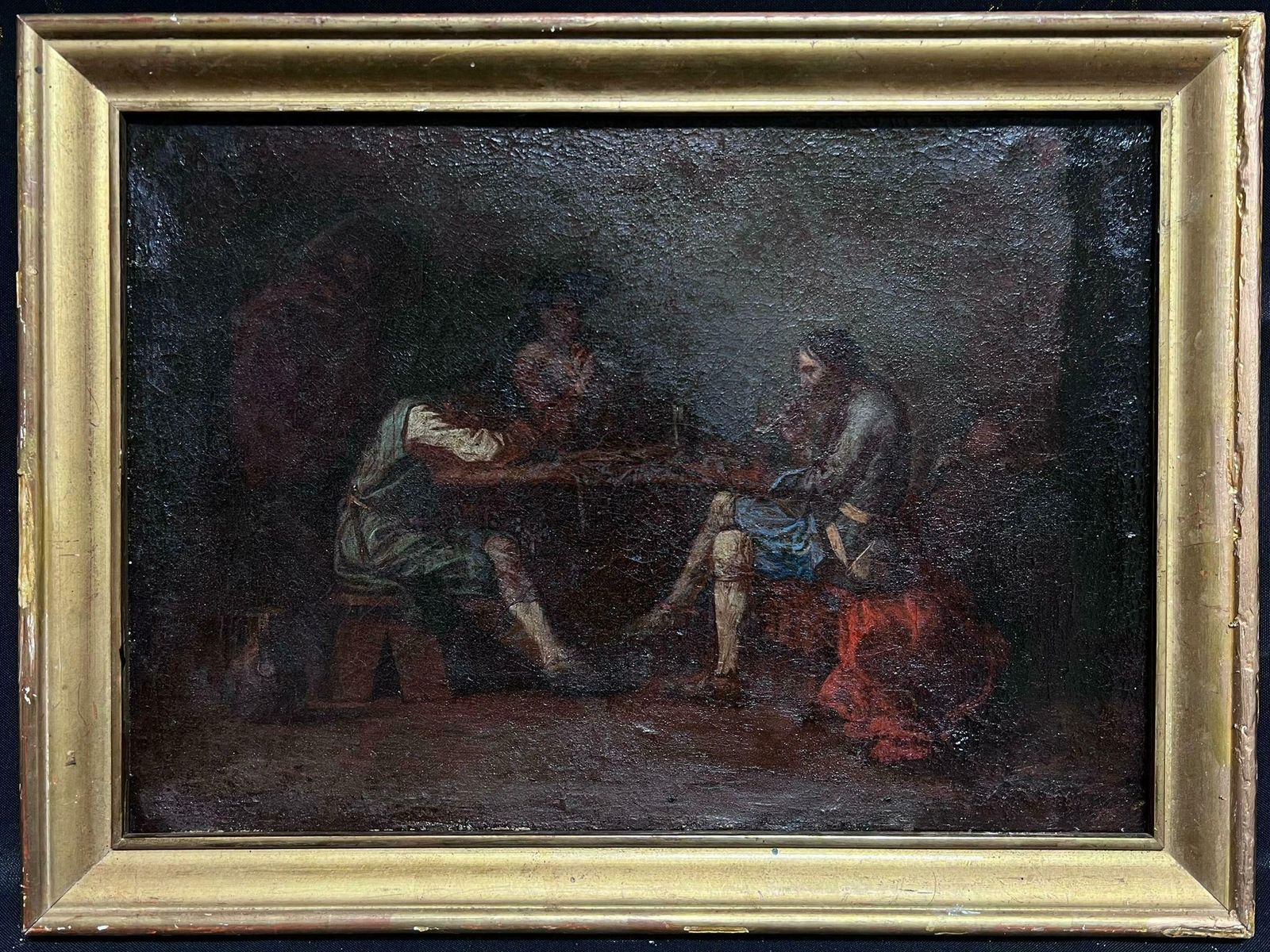 Flemish Old Master17th Century Flemish Old Master Oil Tavern Interior Drinkers Sloped Over Tables