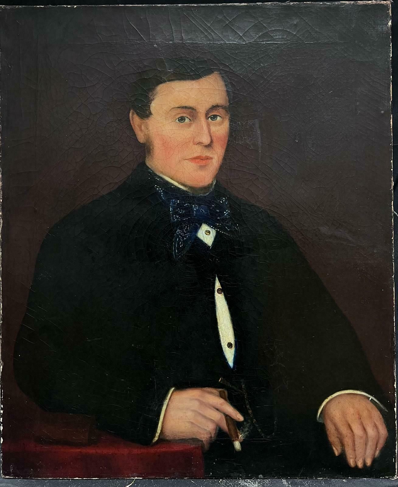 English Victorian Oil Portrait Of Gentleman With Cigar Large 19th Century British Oil Painting photo furniture