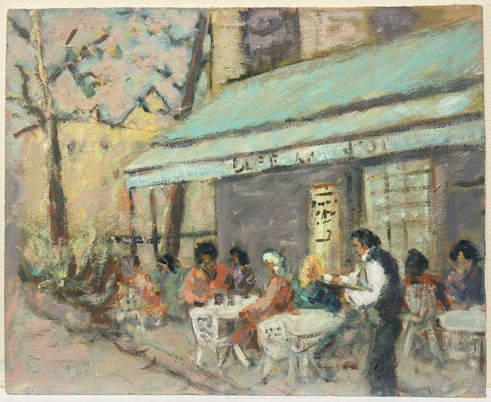 Fanch Lelfigures Sat In A Mellow Outdoor Café Scene Impressionist Oil Painting20th Century photo furniture