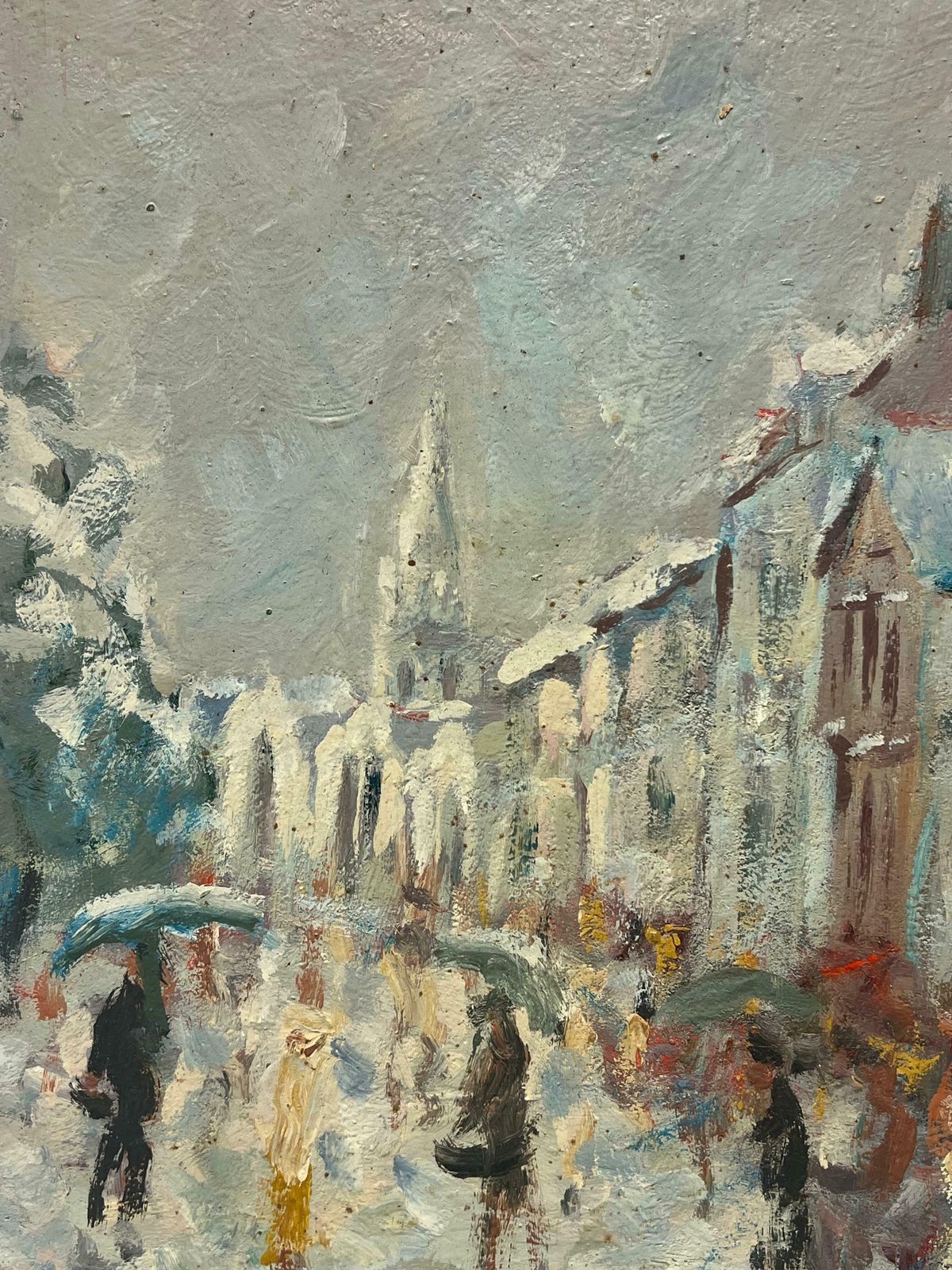 Fanch Lelfigures Bustling In A French Street Scene On A Rainy Day Breton Oil Painting20th Century photo Art