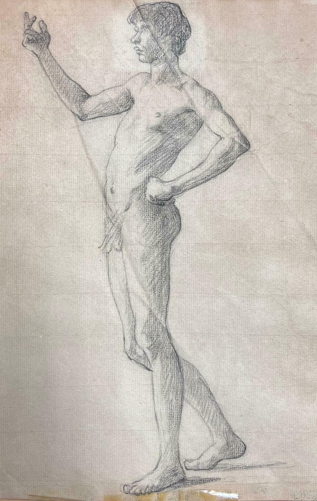 French Academic19th Century French Academic Drawing Portrait Of Male Nude Young Man19th Century