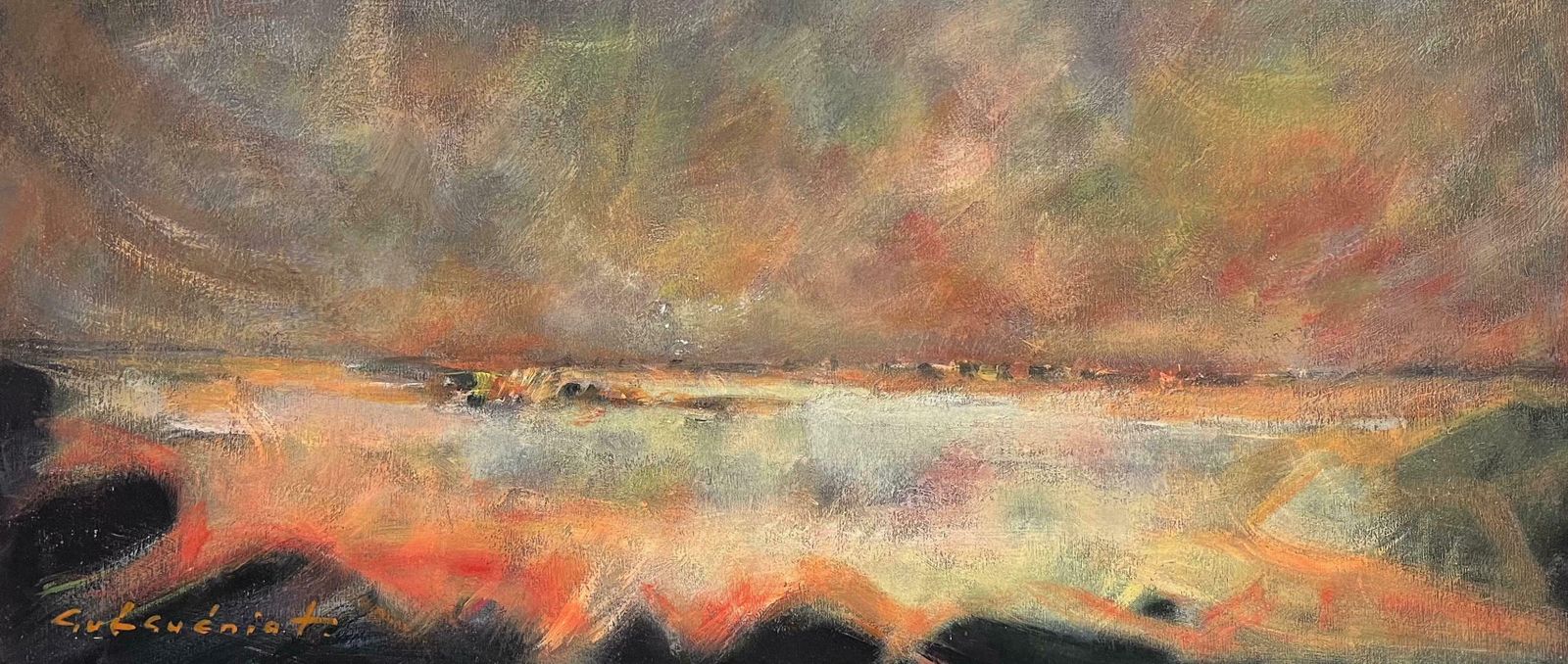 Gerard Guegueniatfrench Abstract Expressionist Signed Oil Blur Of Colors Sunset Coastal Sky