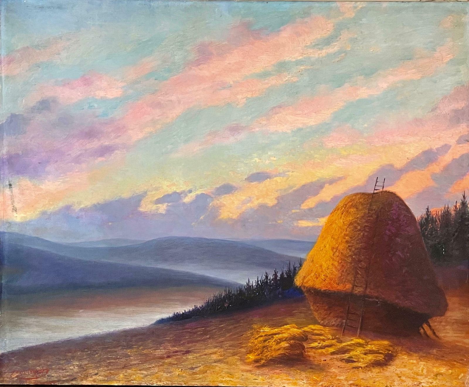 Unknownhuge French Impressionist Oil Painting   Haystacks At Sunset   Fine Landscapec. 1930's