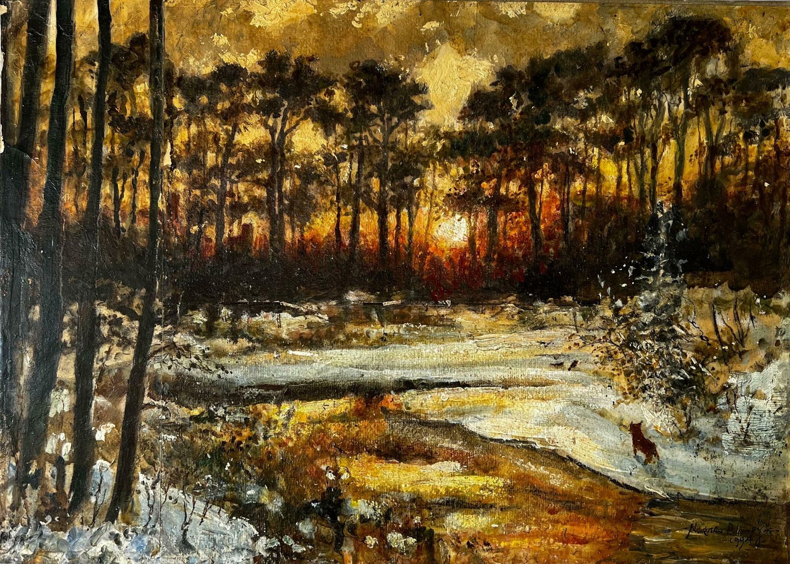 Norman A Olleysnowy Woodland Sun Rise With Observant An Small Fox