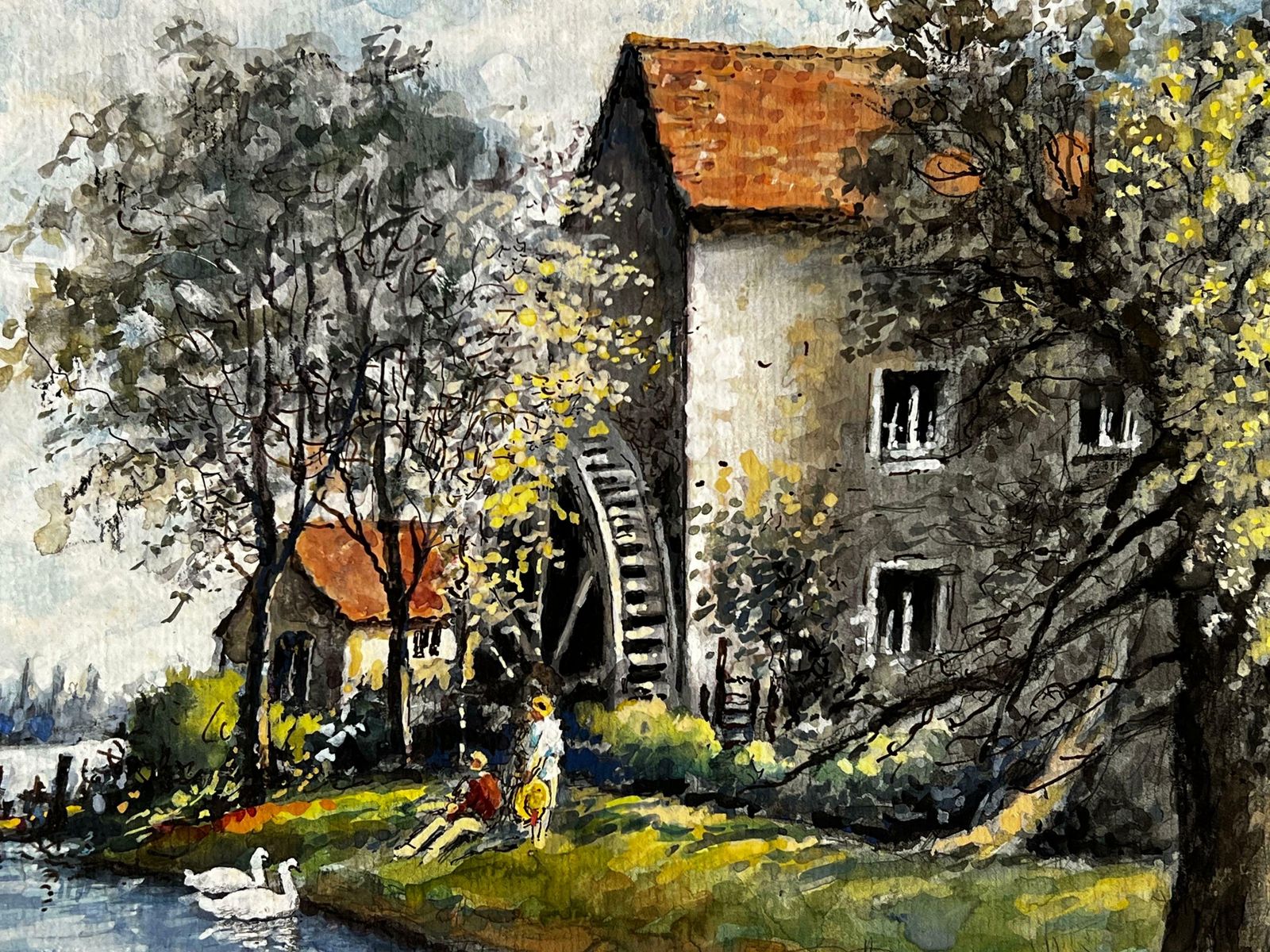 Norman A Olleya Peaceful Afternoon With Swans By An Old Cottage Mill photo for sale
