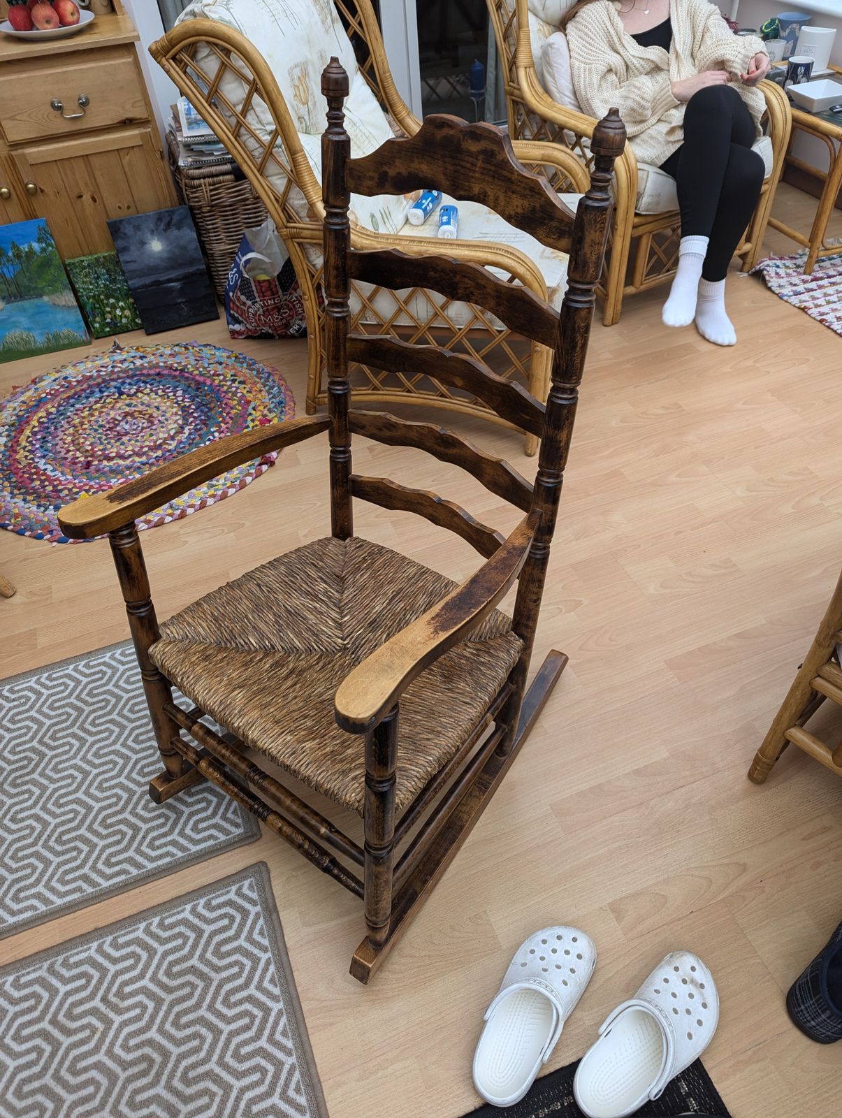 Vintage Wooden Rocking Chair With Woven Seat