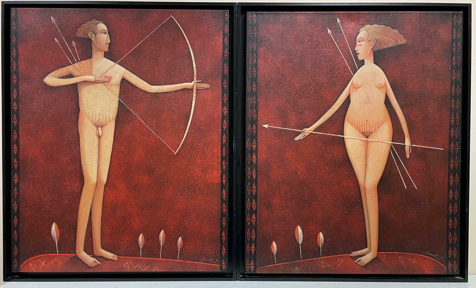 Guerrierepair French Surrealist Nude Man & Woman Portraits Archery Bow & Arrow Signed1998