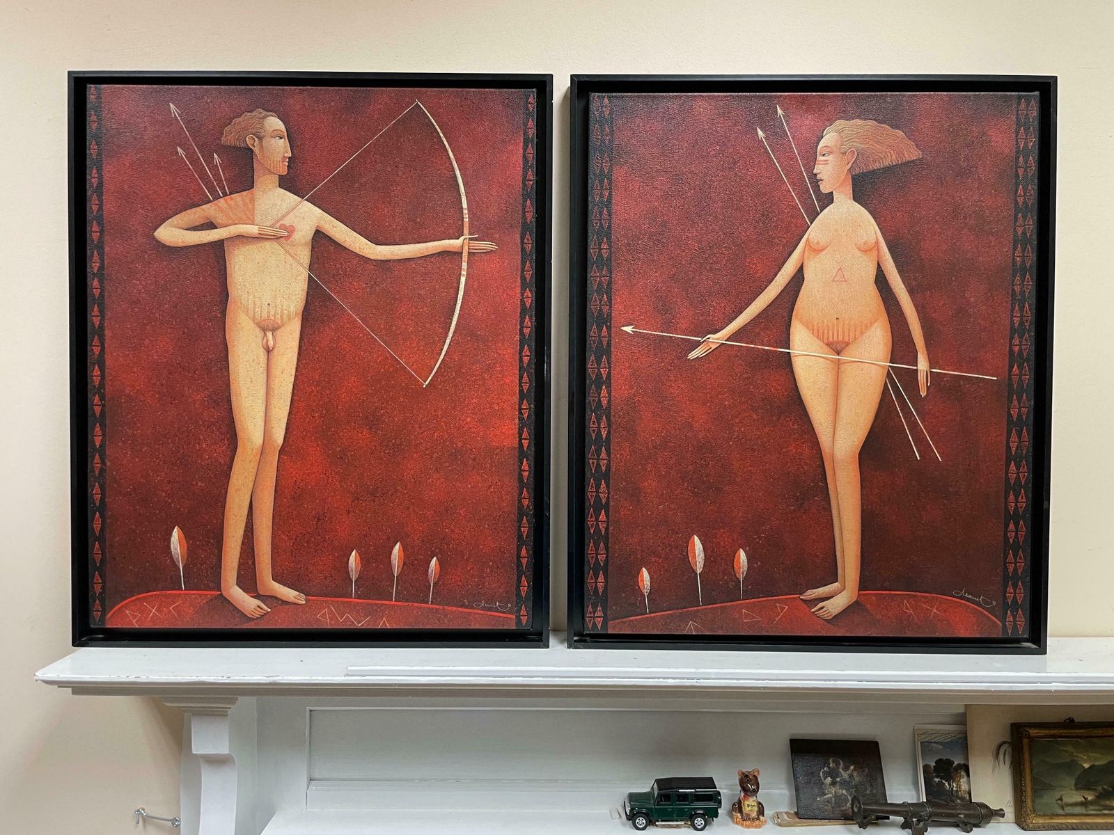 Guerrierepair French Surrealist Nude Man & Woman Portraits Archery Bow & Arrow Signed1998 photo furniture