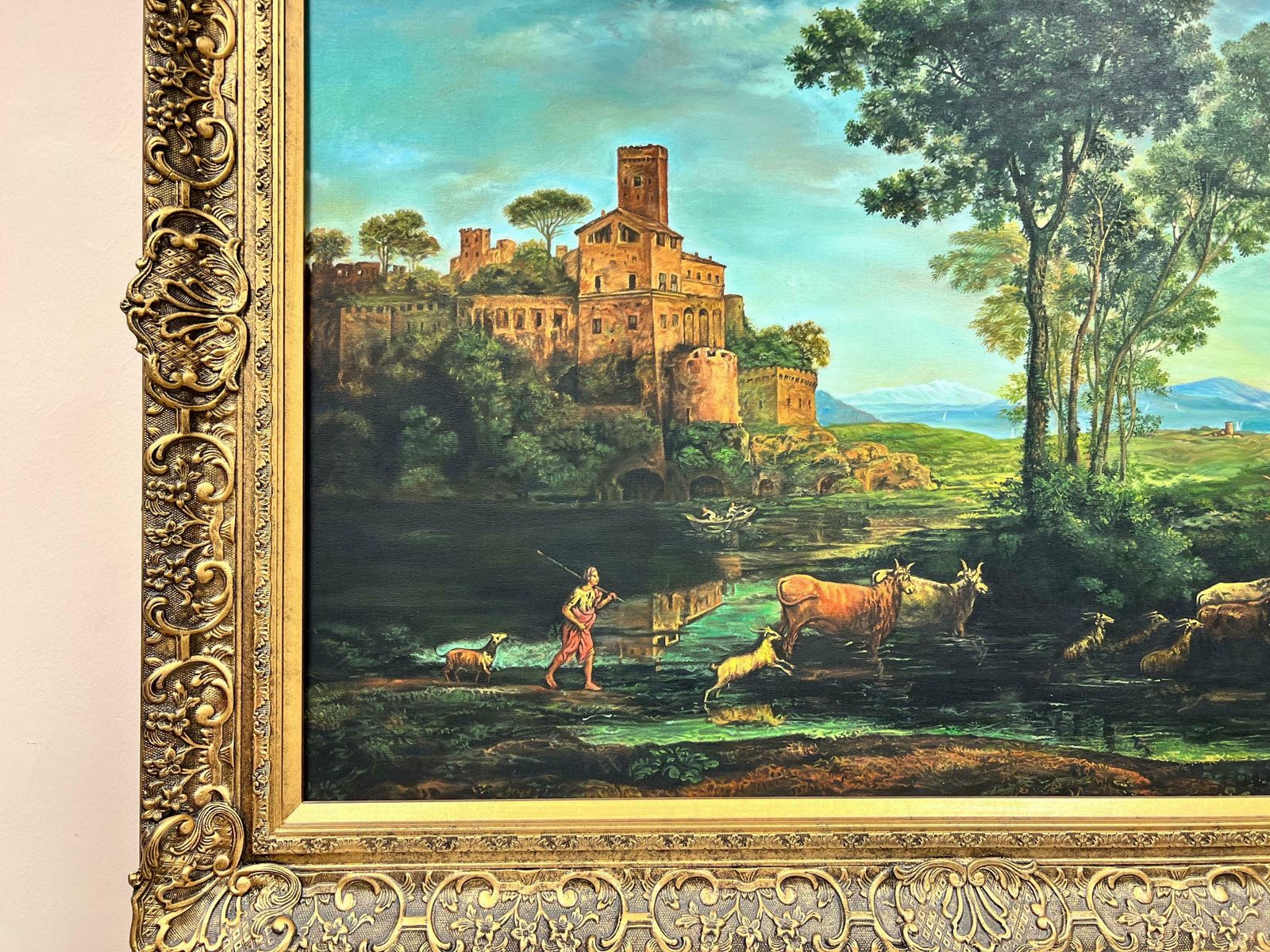 Continental Schoollarge Classical Oil Painting Figures Animals In Arcadiane Landscape, Framed20th Century photo vinterior