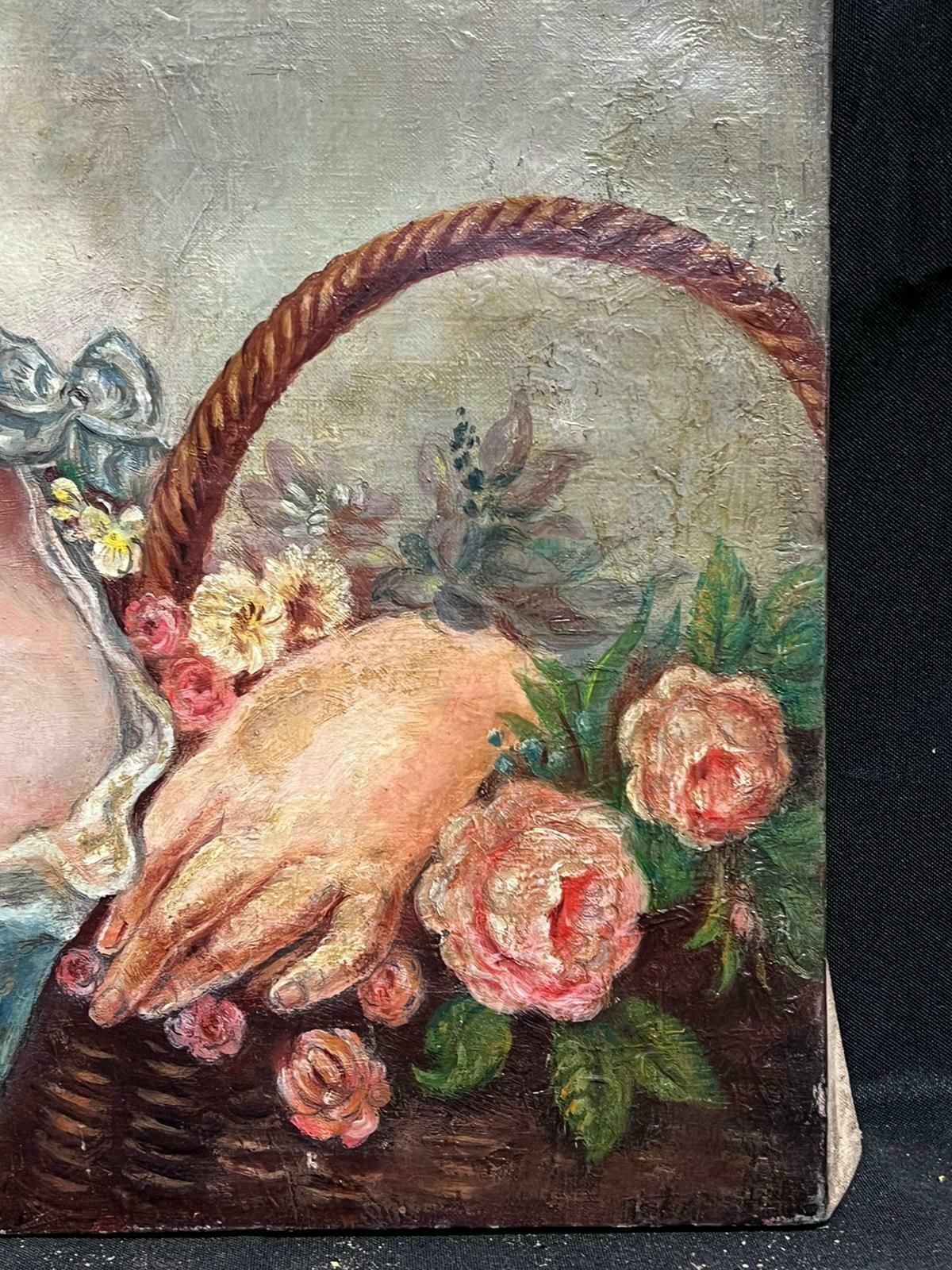 French Schoolantique French Oil Painting Portrait Of Country Lady In Bonnet With Basket Roses photo for sale