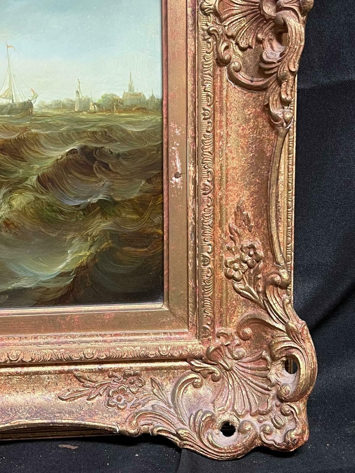 Jean Laurentfine Marine Signed Oil Painting Old Sailing Boats On Choppy Seas Gilt Framed photo for sale